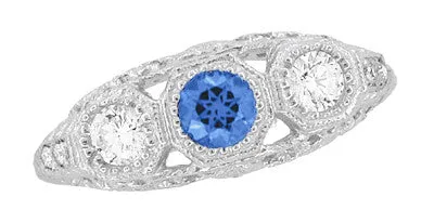 Filigree Edwardian Cornflower Blue Sapphire and Diamonds Three Stone Engagement Ring in 14 Karat White Gold