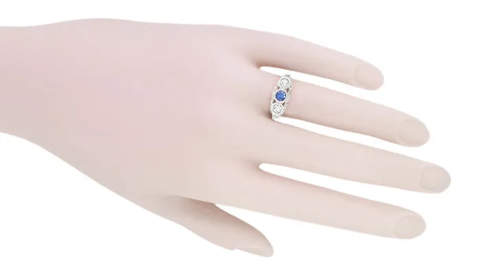 Filigree Edwardian Cornflower Blue Sapphire and Diamonds Three Stone Engagement Ring in 14 Karat White Gold