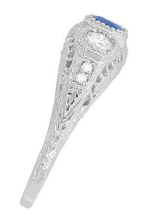 Filigree Edwardian Cornflower Blue Sapphire and Diamonds Three Stone Engagement Ring in 14 Karat White Gold