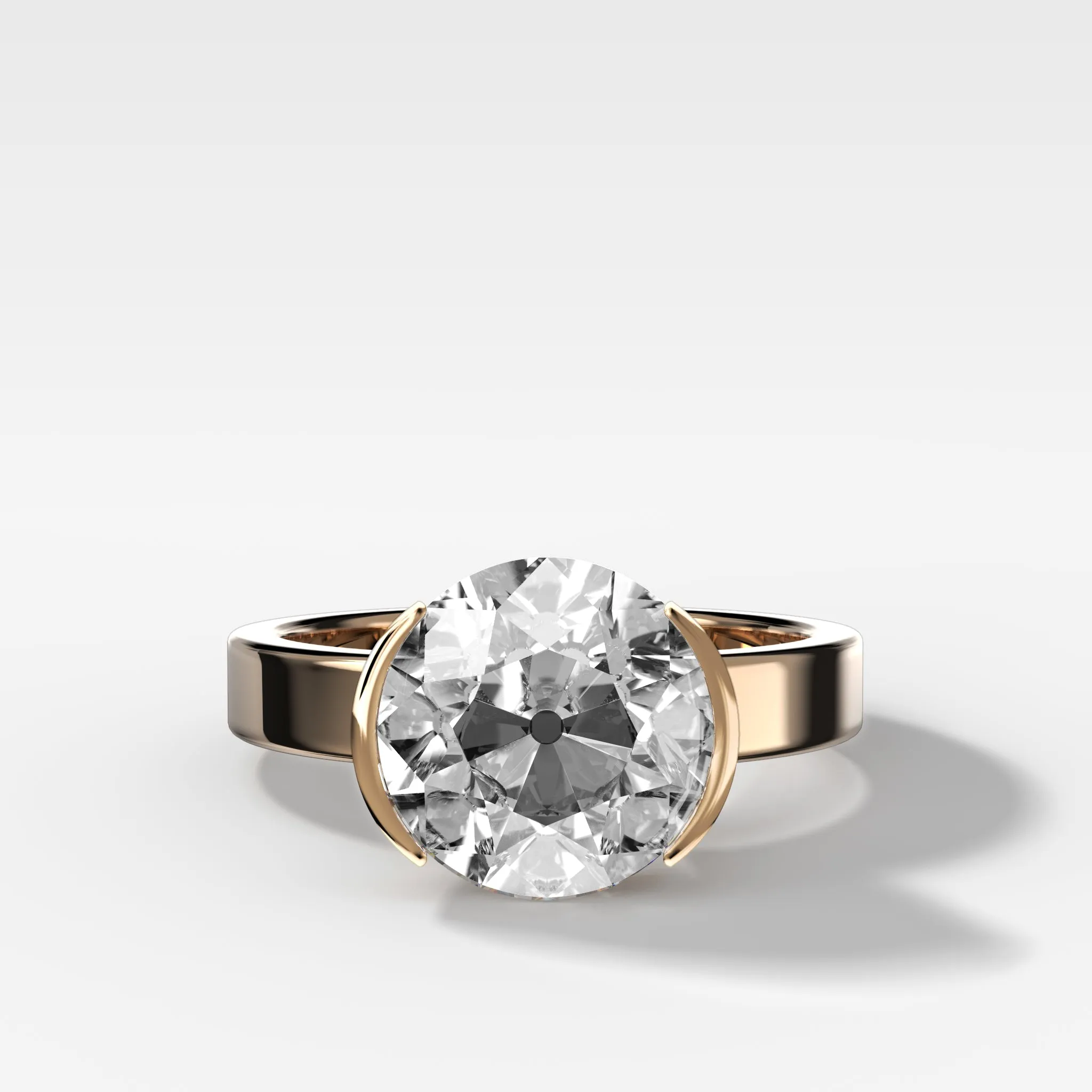 Finest Half Bezel Solitaire Engagement Ring With Old Euro Cut Diamond