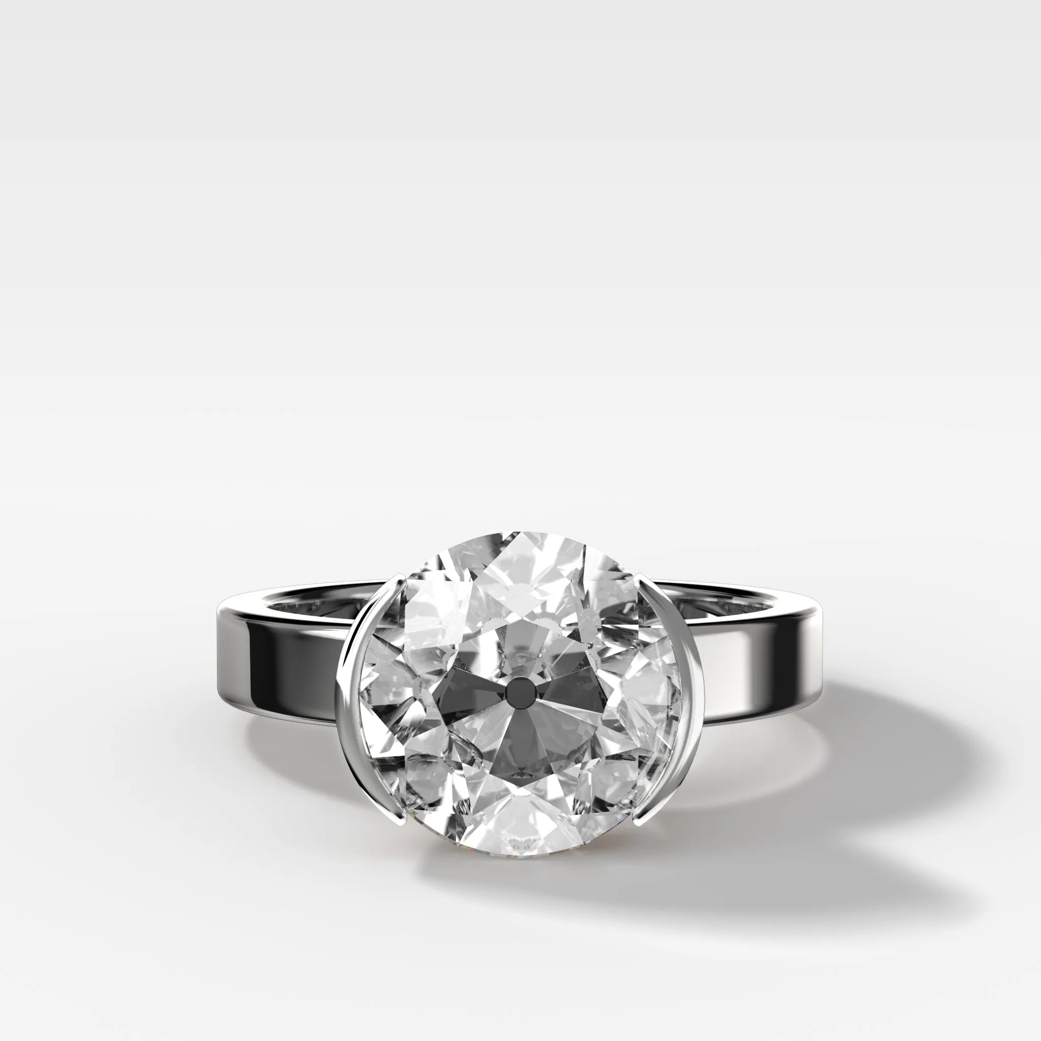 Finest Half Bezel Solitaire Engagement Ring With Old Euro Cut Diamond