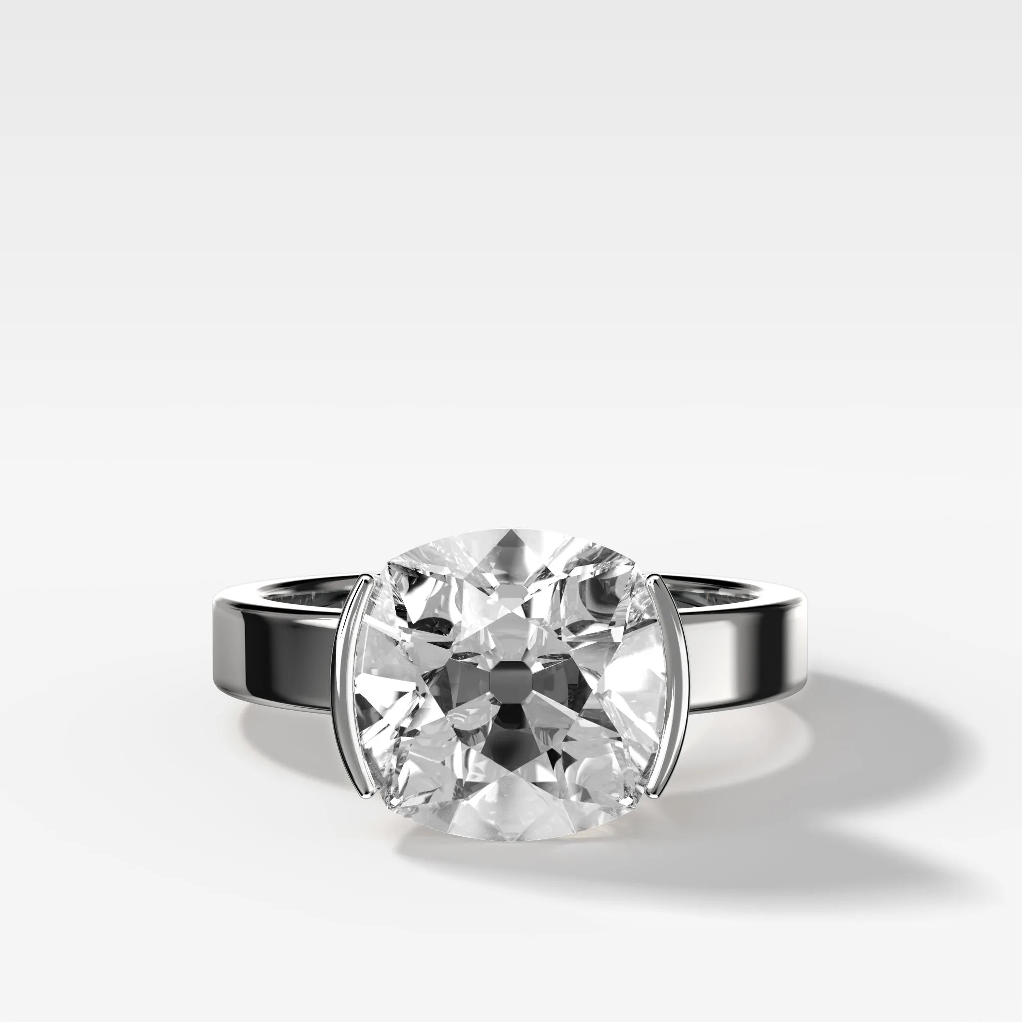 Finest Half Bezel Solitaire Engagement Ring With Old Mine Cut Diamond