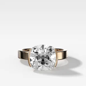 Finest Half Bezel Solitaire Engagement Ring With Old Mine Cut Diamond