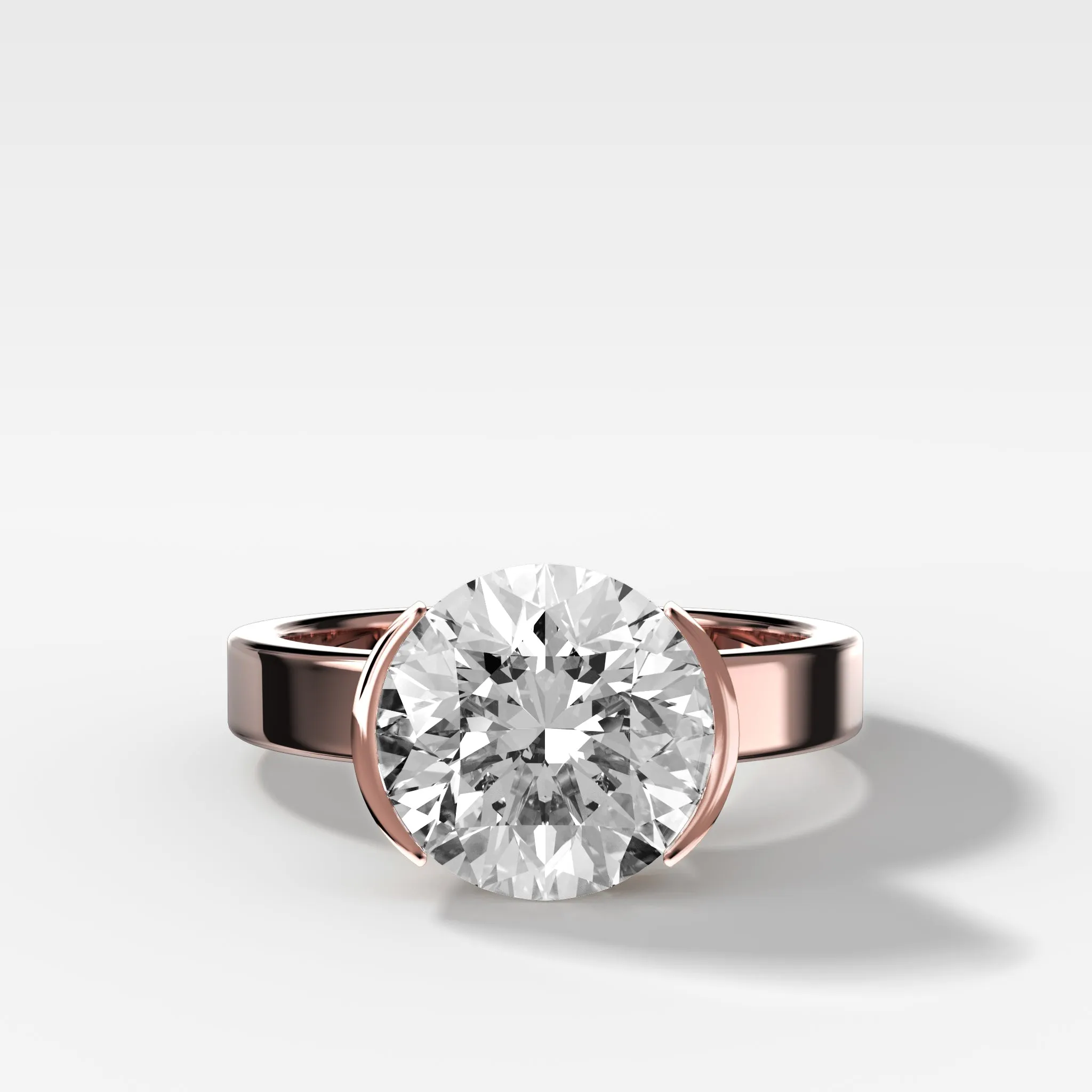 Finest Half Bezel Solitaire Engagement Ring With Round Cut Diamond