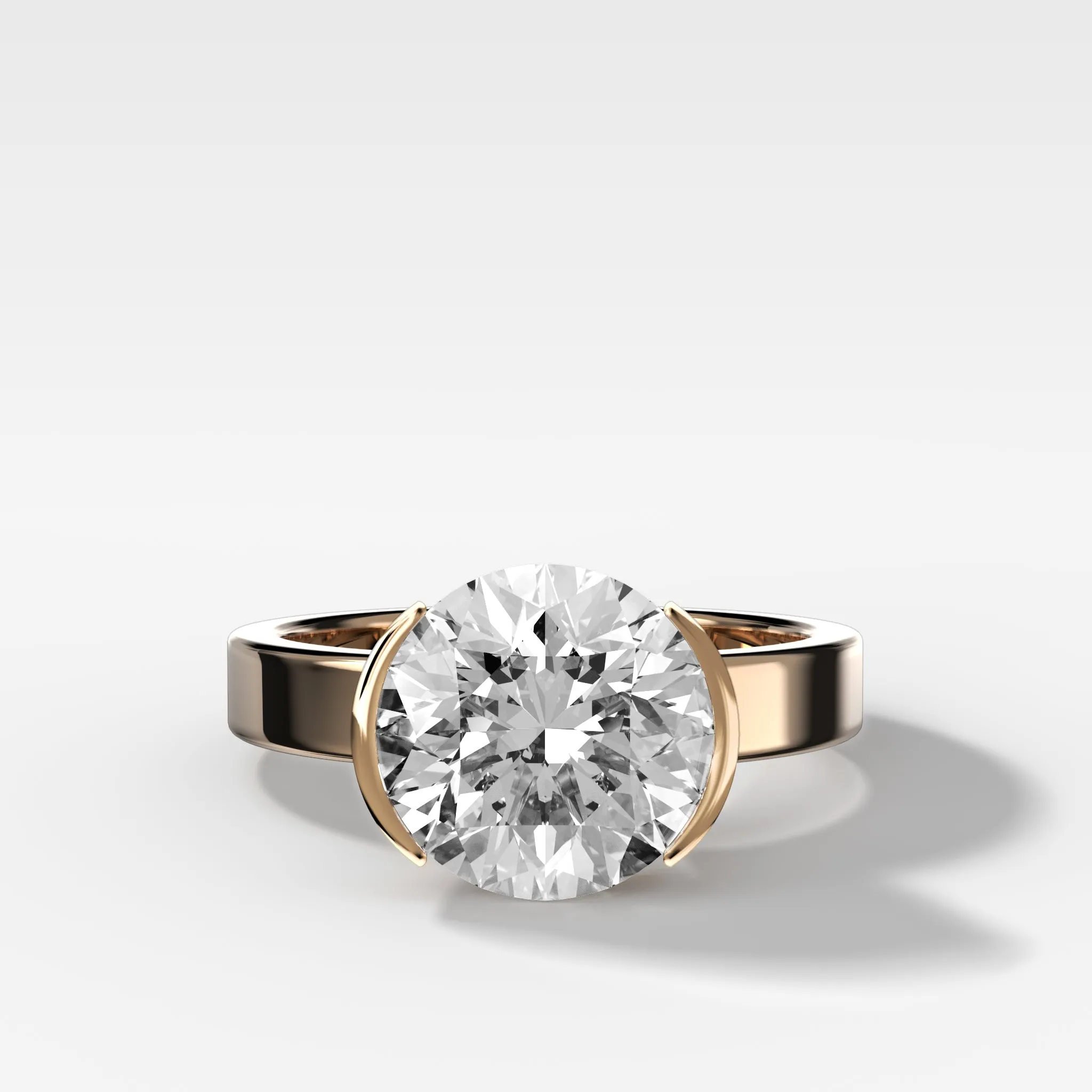 Finest Half Bezel Solitaire Engagement Ring With Round Cut Diamond