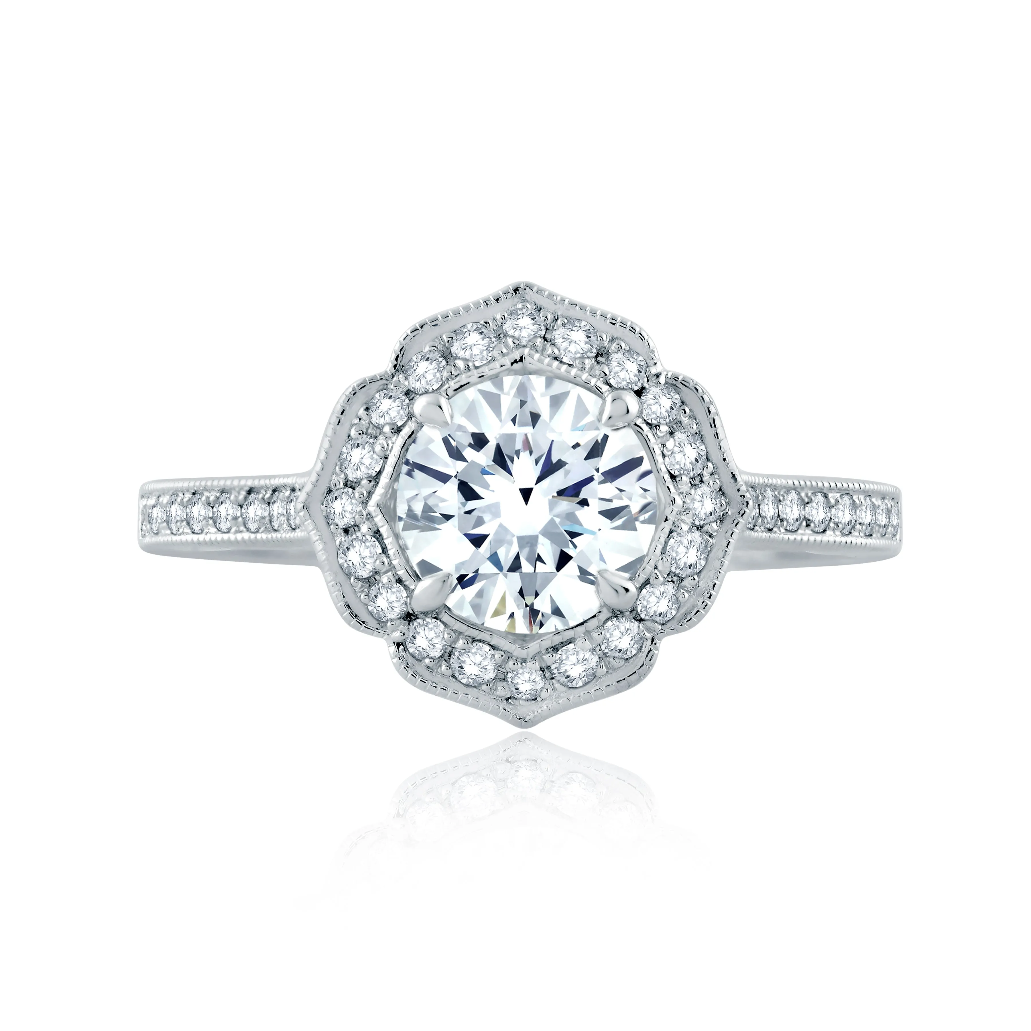 Floral Inspired Milgrian Detail Halo Round Engagement Ring