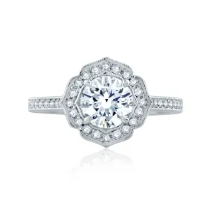 Floral Inspired Milgrian Detail Halo Round Engagement Ring