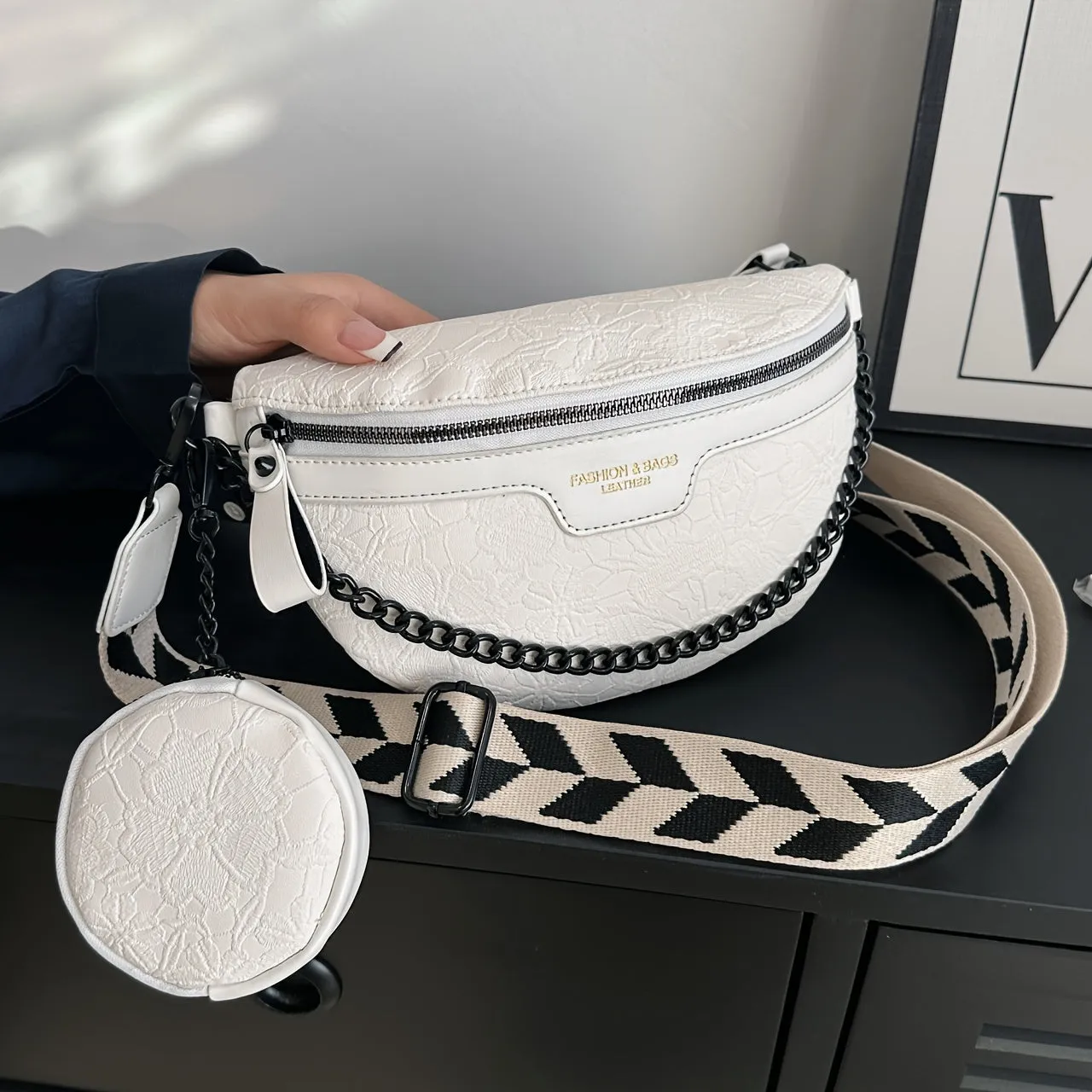 Floral Jacquard Chest Bag With Coin Purse, Y2K Chain Decor Crossbody Bag, Women's PU Leather Fanny Pack