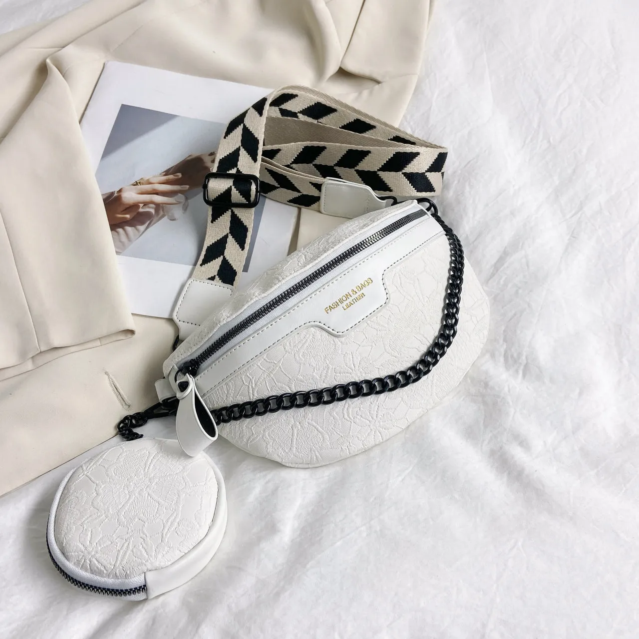Floral Jacquard Chest Bag With Coin Purse, Y2K Chain Decor Crossbody Bag, Women's PU Leather Fanny Pack