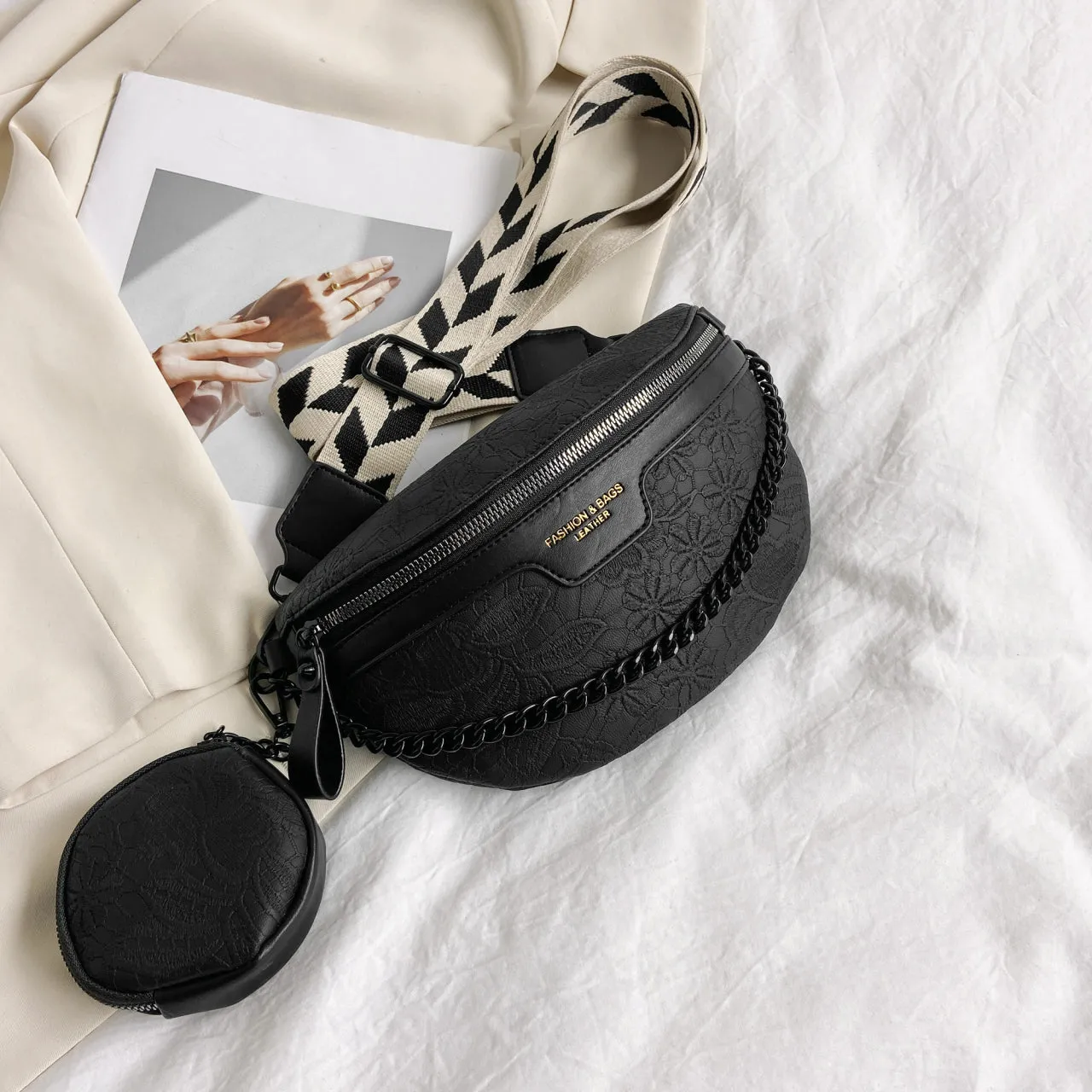 Floral Jacquard Chest Bag With Coin Purse, Y2K Chain Decor Crossbody Bag, Women's PU Leather Fanny Pack