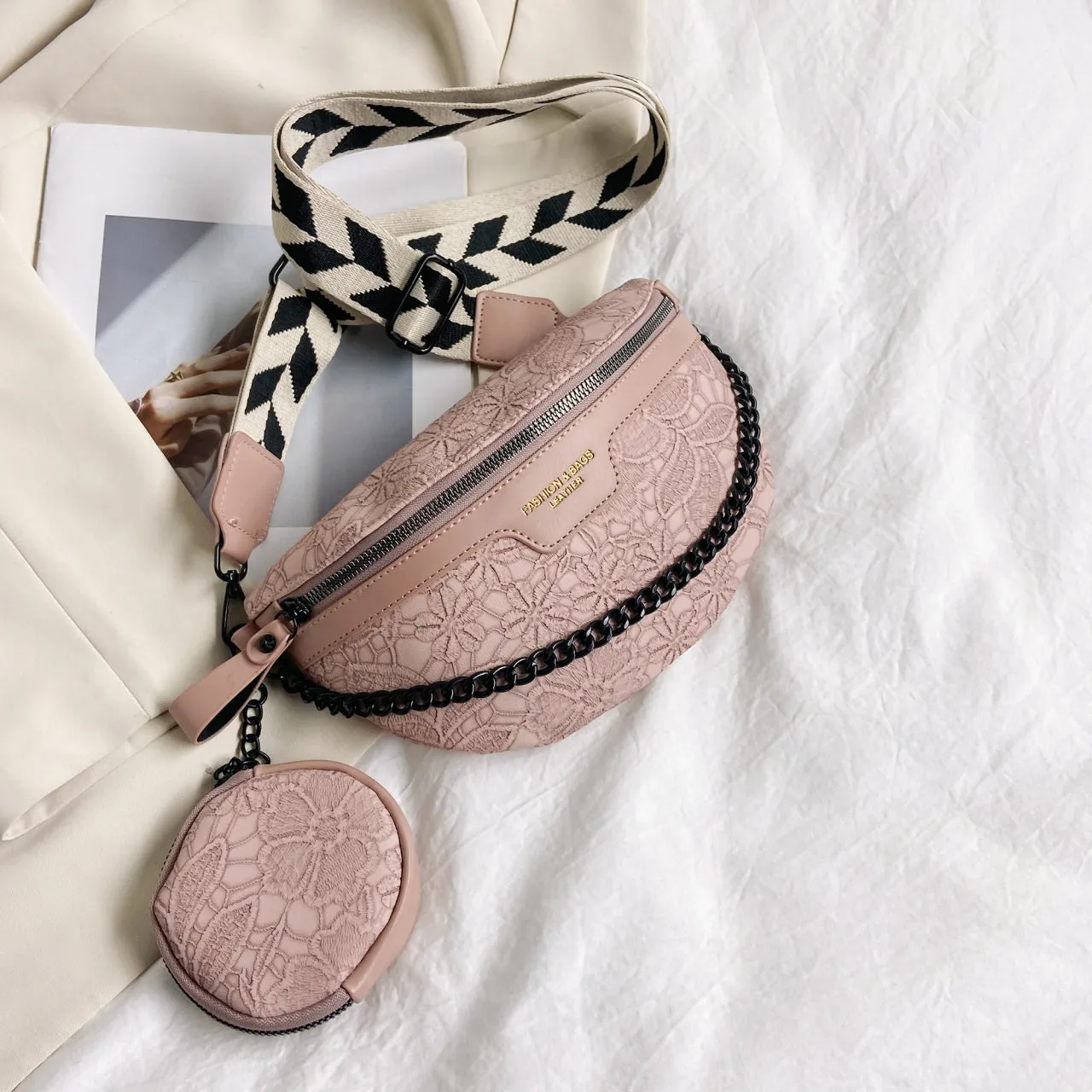 Floral Jacquard Chest Bag With Coin Purse, Y2K Chain Decor Crossbody Bag, Women's PU Leather Fanny Pack