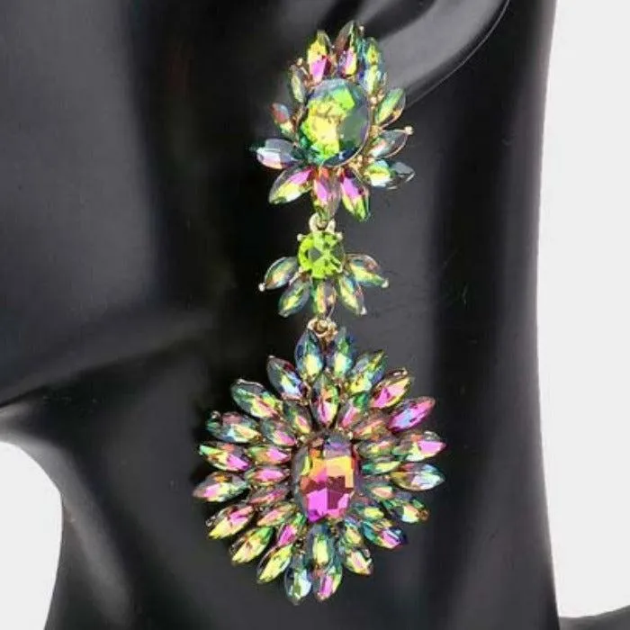 Floral Marquise Oil Spill Stone Cluster Dangle Evening Earrings