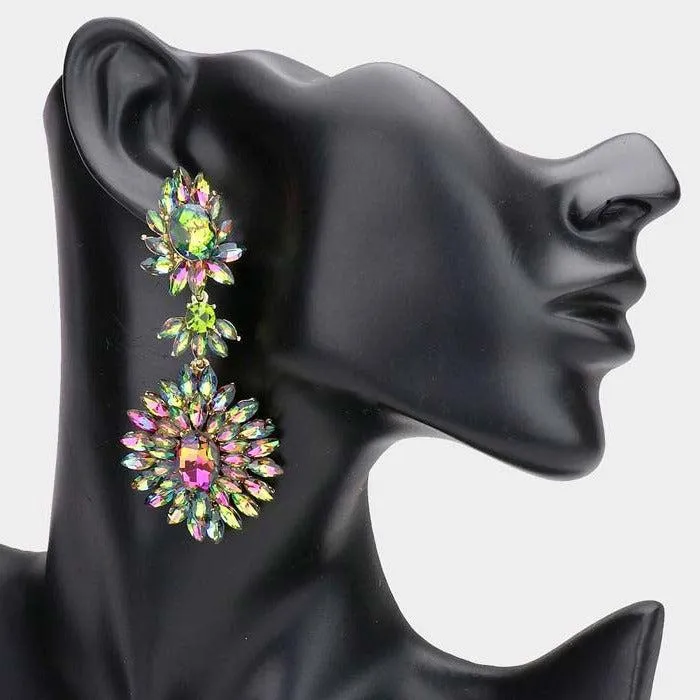 Floral Marquise Oil Spill Stone Cluster Dangle Evening Earrings