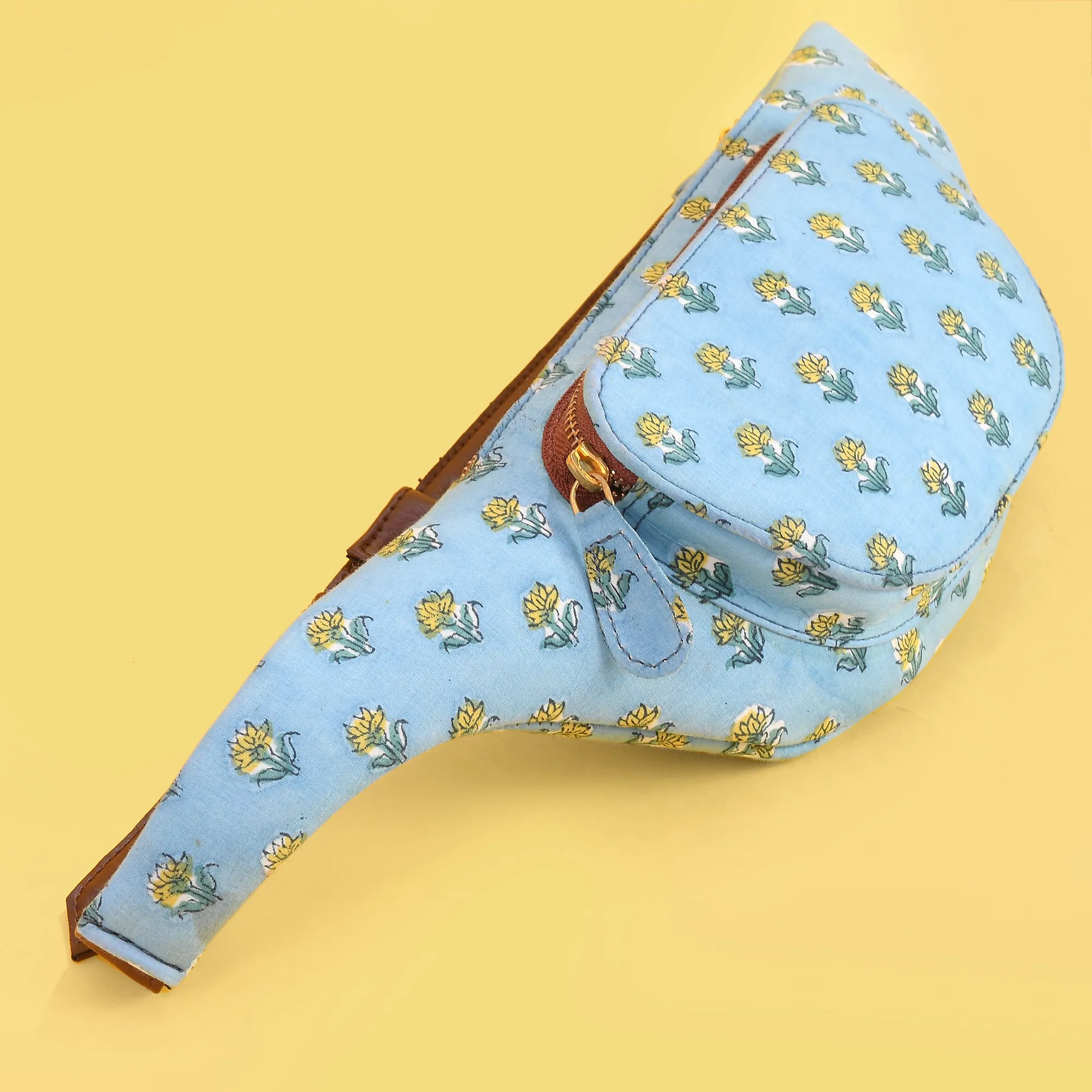 FLORAL SKY BLUE BLOCK PRINTED FANNY BAG