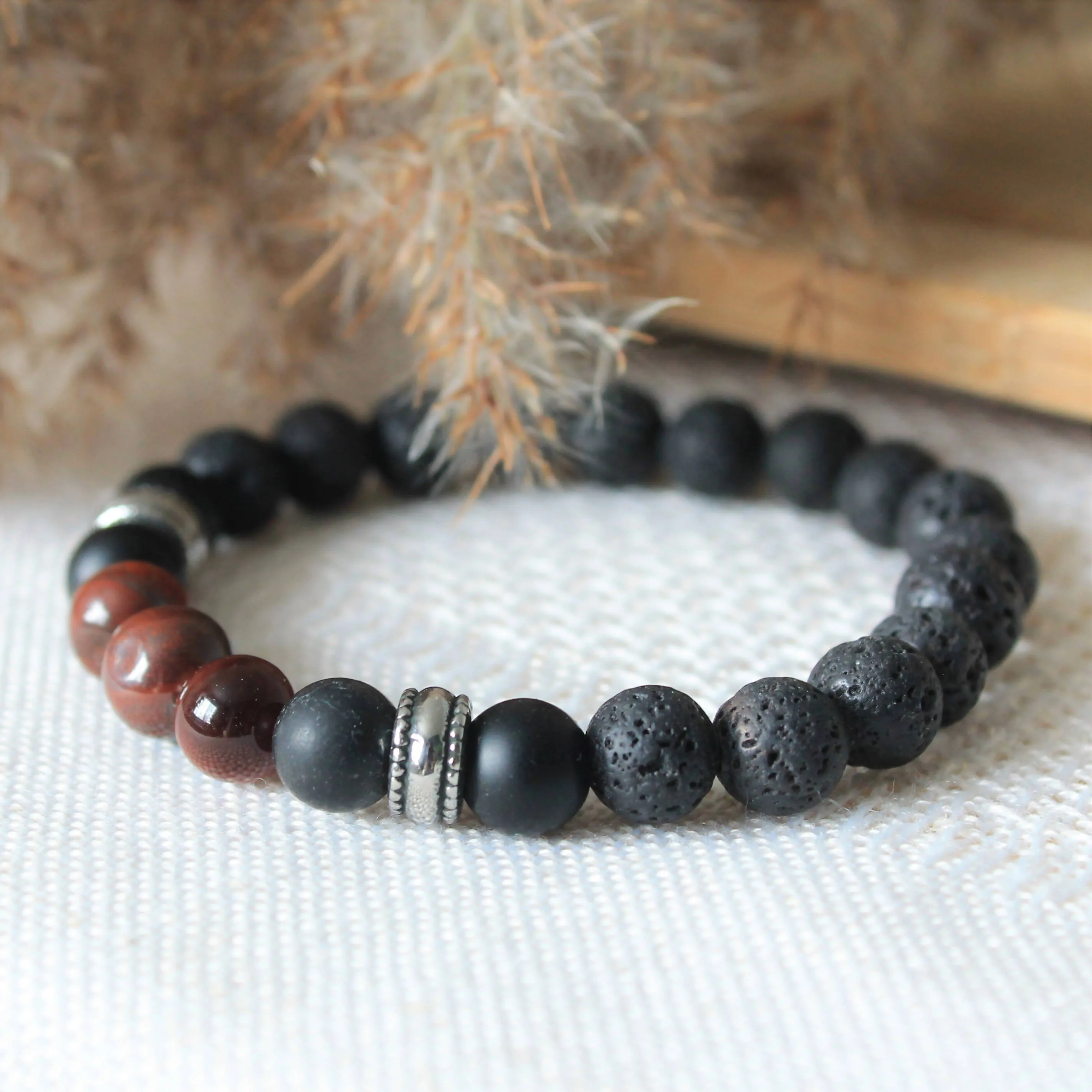 Fournaise - bracelet élastique pour hommes en pierres naturelles de guérison : onyx mat, pierre de lave et œil de taureau