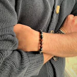 Fournaise - bracelet élastique pour hommes en pierres naturelles de guérison : onyx mat, pierre de lave et œil de taureau