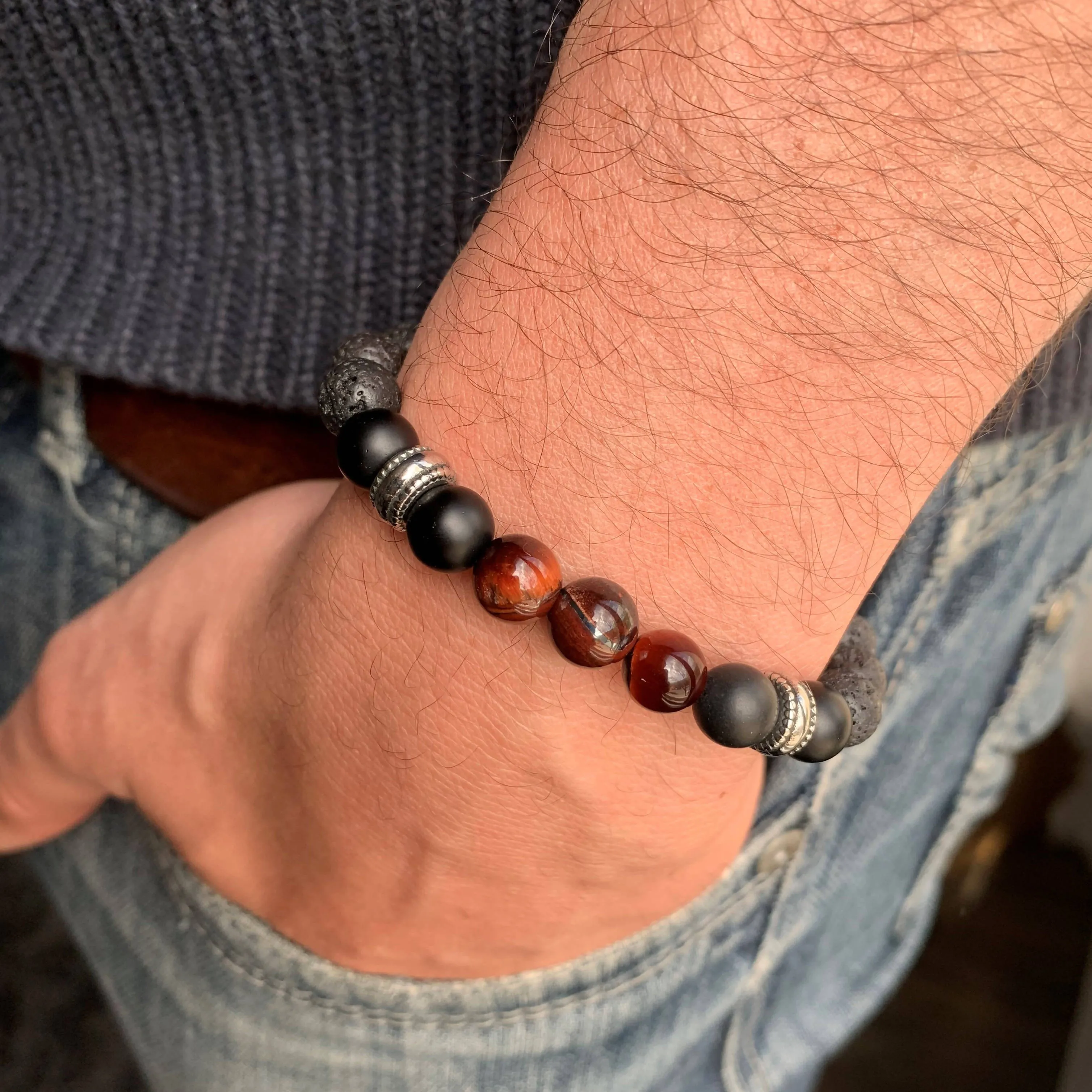 Fournaise - bracelet élastique pour hommes en pierres naturelles de guérison : onyx mat, pierre de lave et œil de taureau
