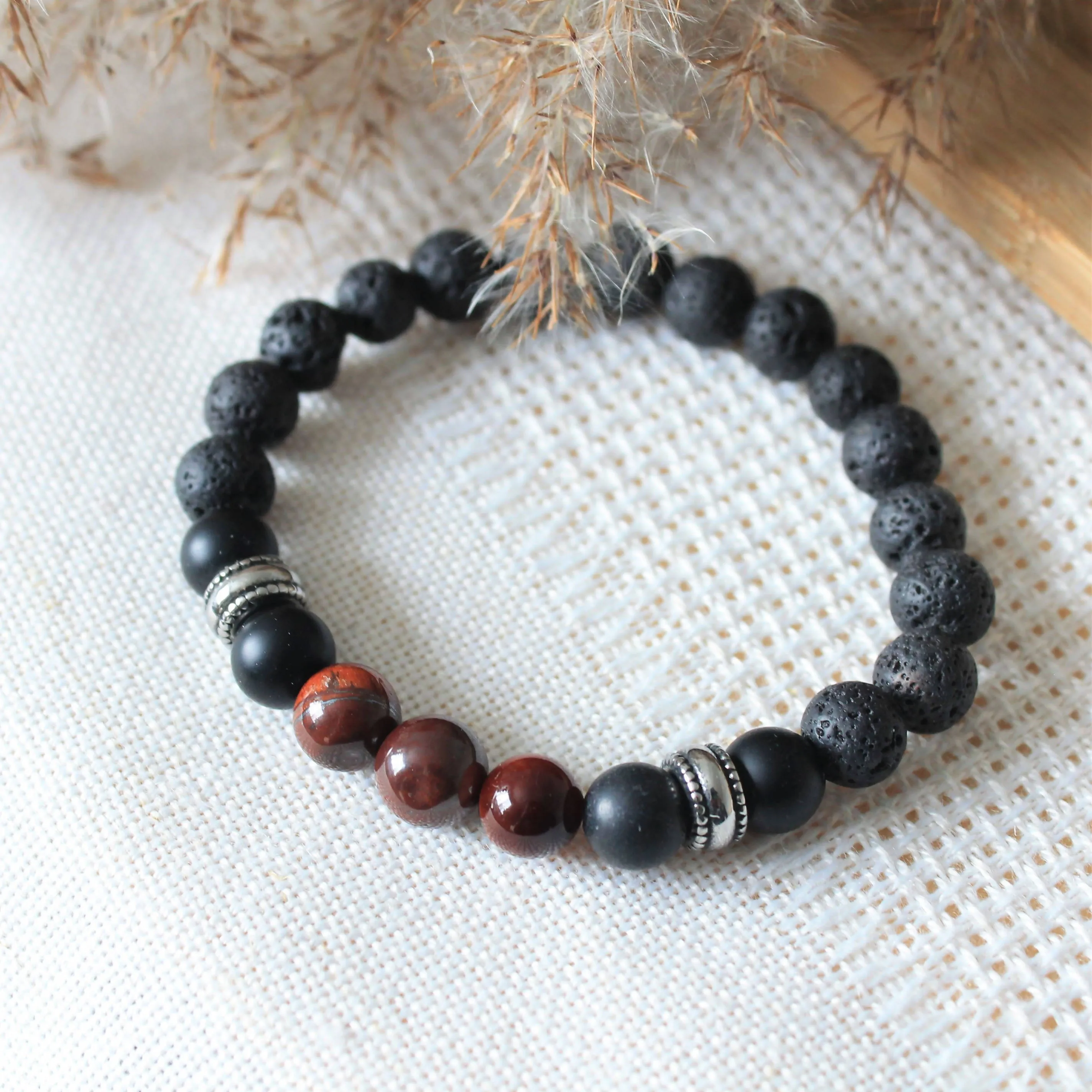 Fournaise - bracelet élastique pour hommes en pierres naturelles de guérison : onyx mat, pierre de lave et œil de taureau