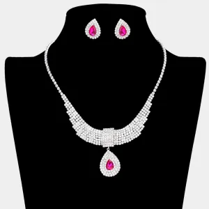 Fuchsia Crystal Teardrops with Rhinestone Cluster Accents Evening Necklace | Prom Necklace Set |  634508