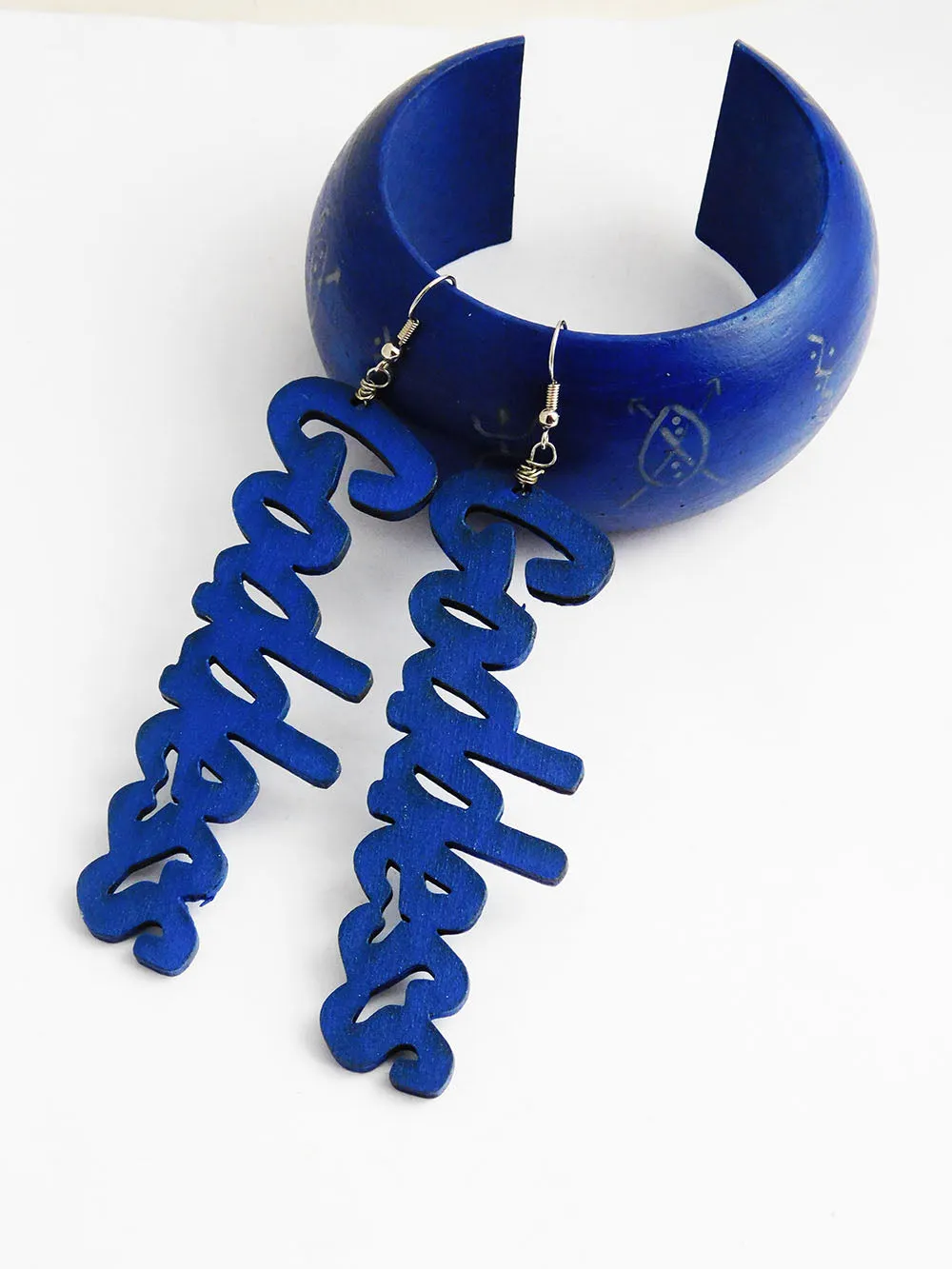 Goddess Earrings Blue Bangle Wooden Bracelets Silver Jewelry Set