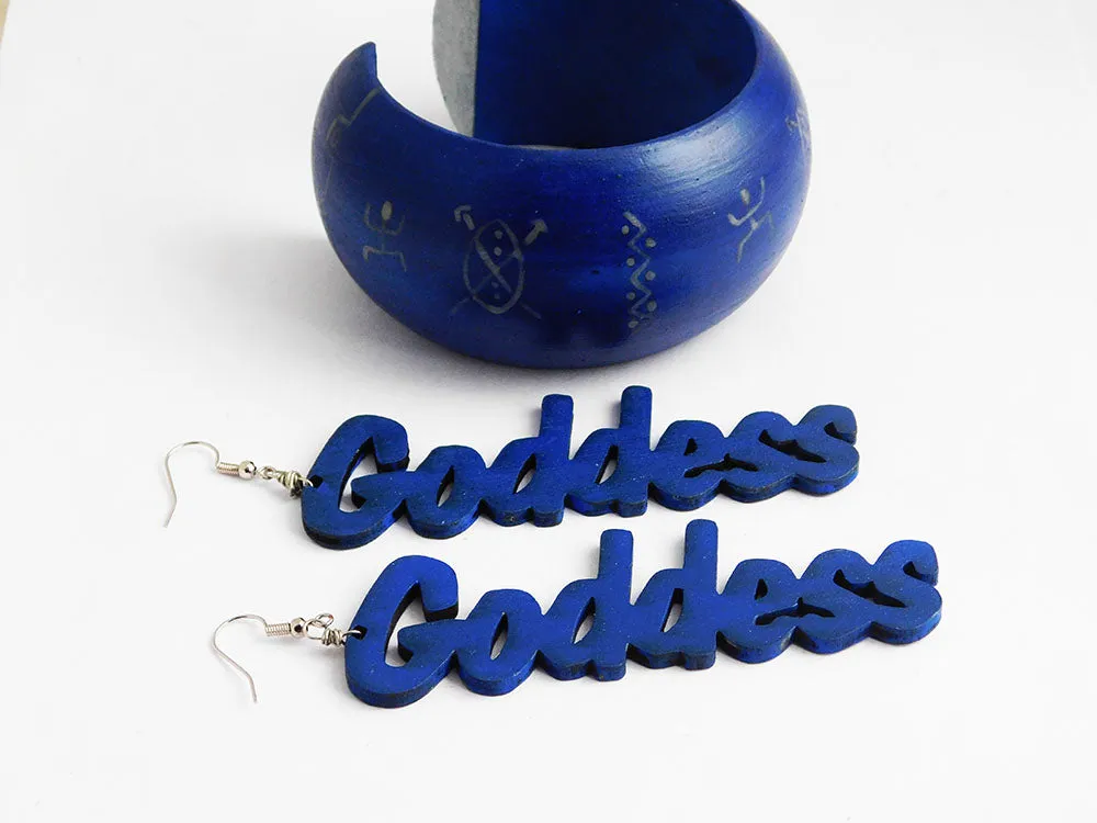 Goddess Earrings Blue Bangle Wooden Bracelets Silver Jewelry Set