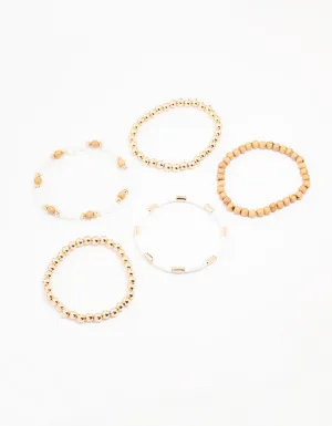 Gold & Wooden Beaded Bracelet 5-Pack