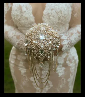 Gold Brooch bouquet, Jewel crystal wedding bouquet. Crystal Bridal Brooch Bouquet, cascade Jewel bouquet by Crystal wedding uk