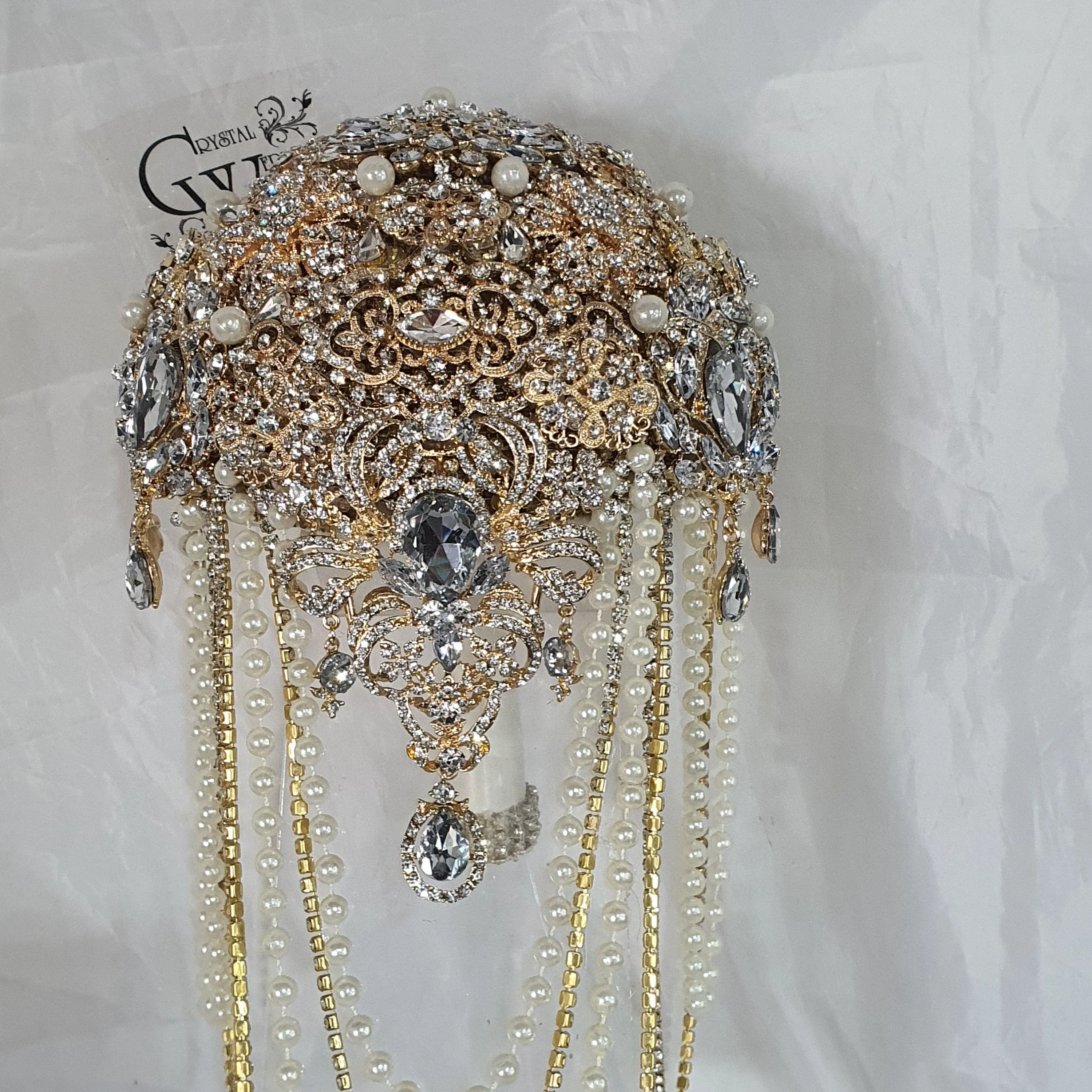 Gold Brooch bouquet, Jewel crystal wedding bouquet. Crystal Bridal Brooch Bouquet, cascade Jewel bouquet by Crystal wedding uk