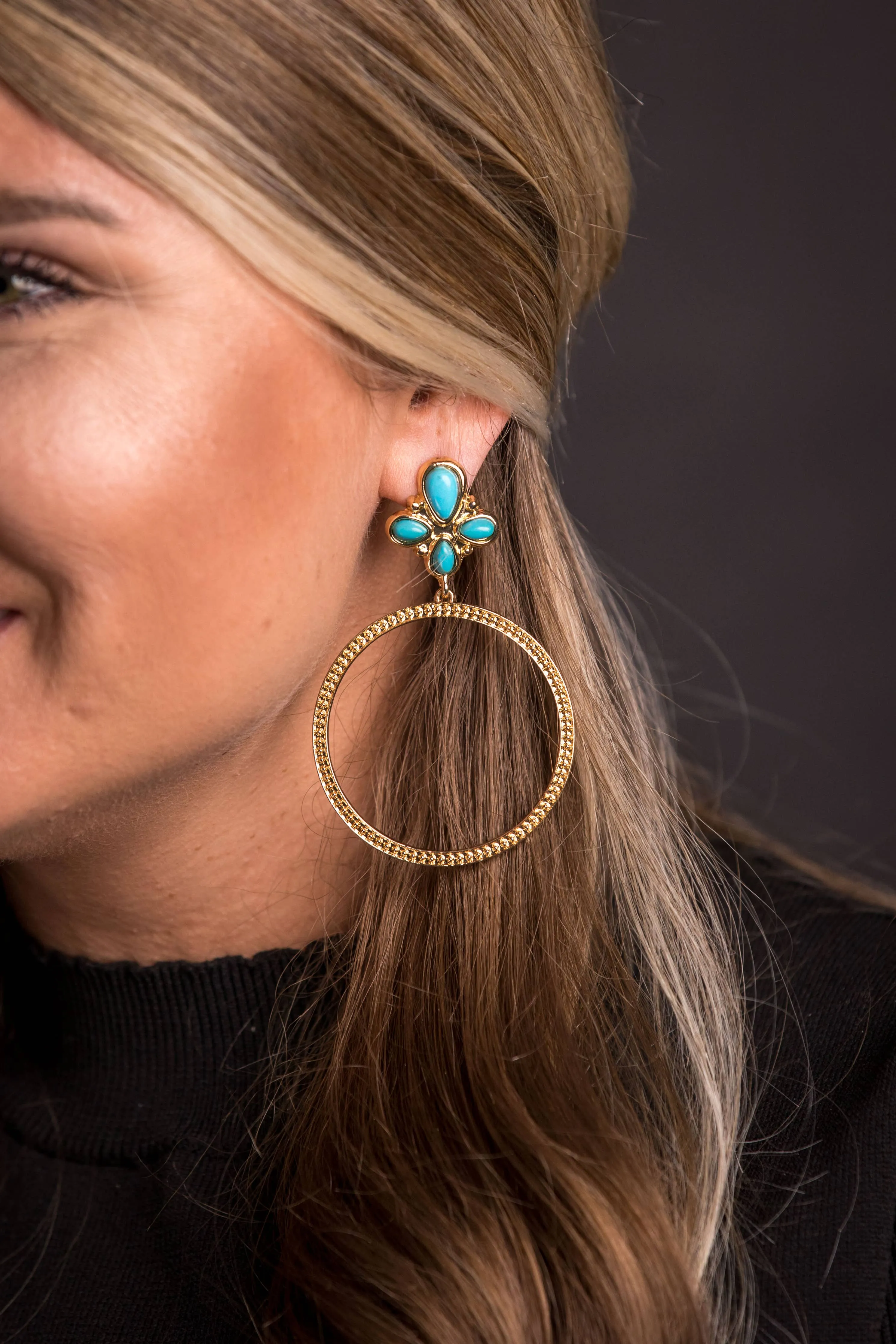 Gold Dotted Hoop Earring on Turquoise Cluster Post West Co