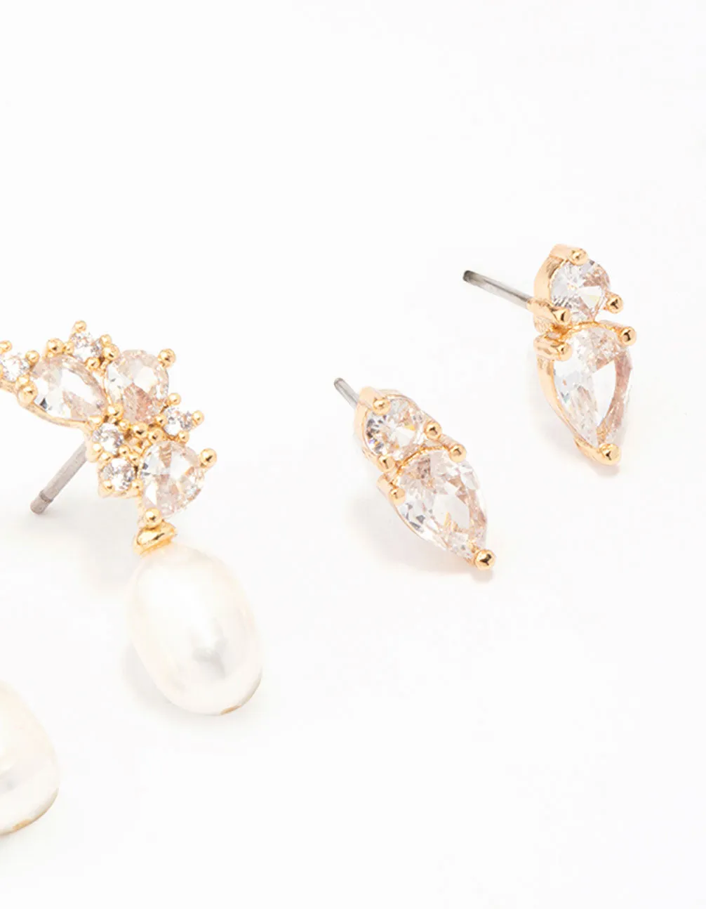 Gold Plated Cubic Zirconia Cluster & Pearl Earrings 3-Pack