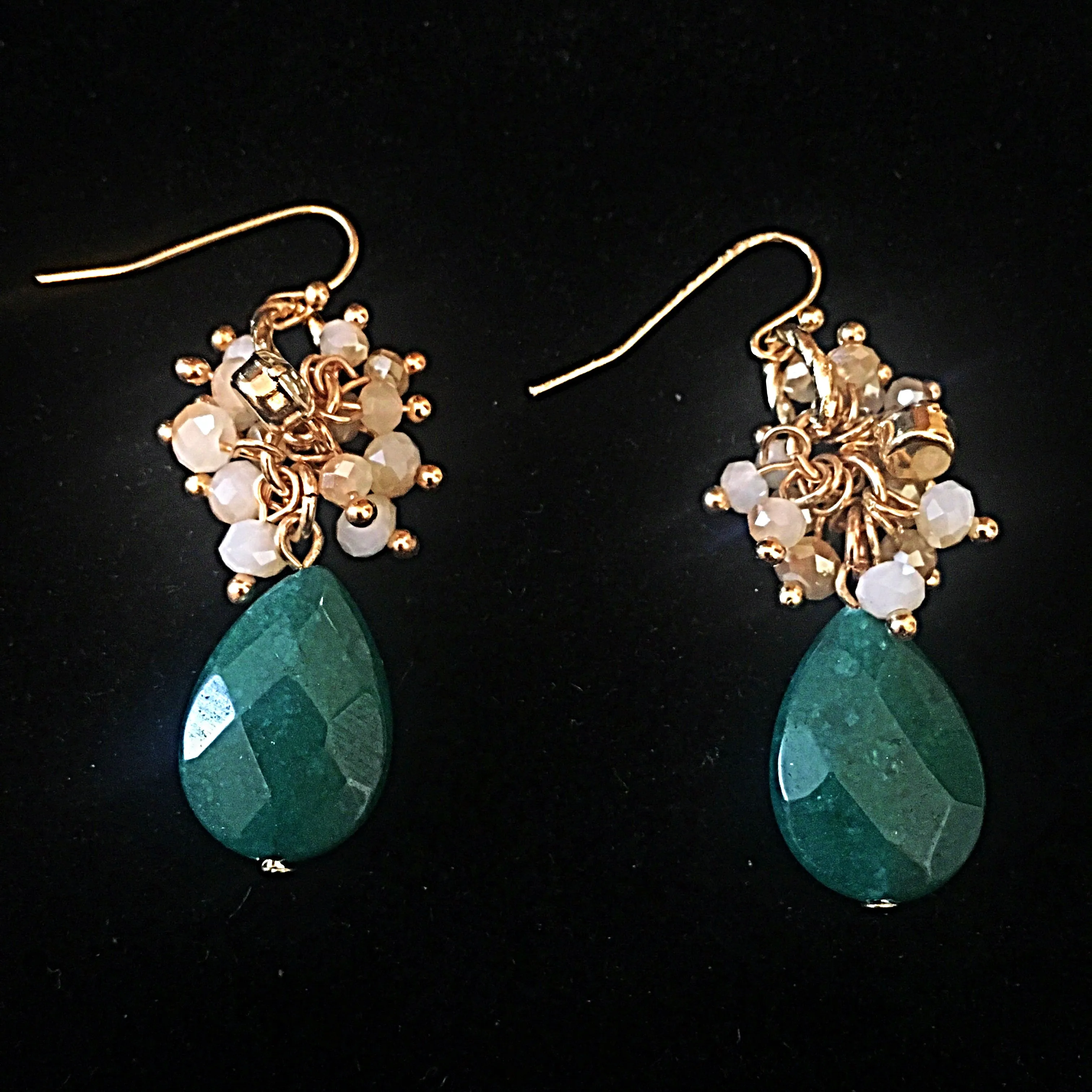 Gold Tone Beaded Teardop Earrings- Hunter Green