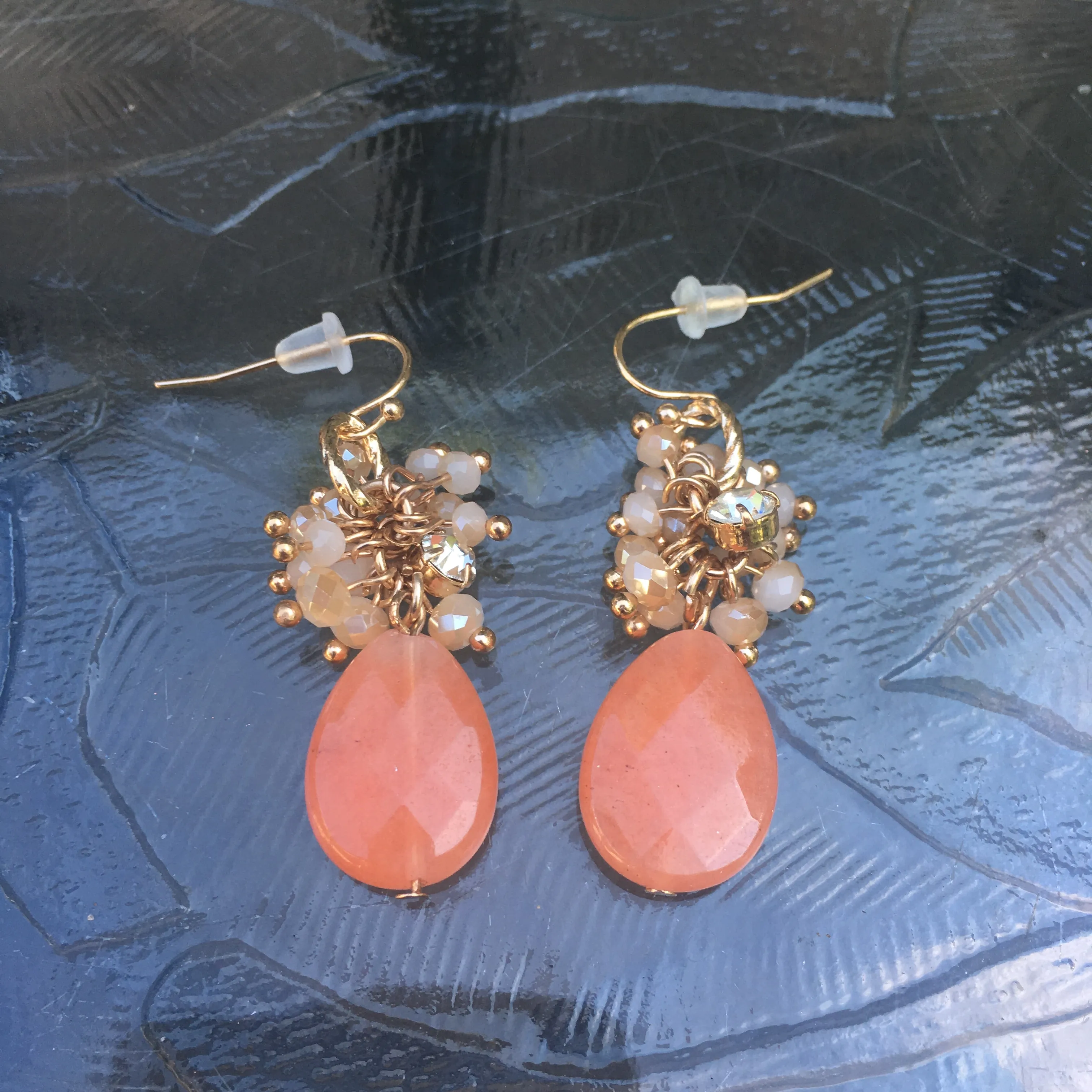 Gold Tone Beaded Teardrop Earrings- Peach