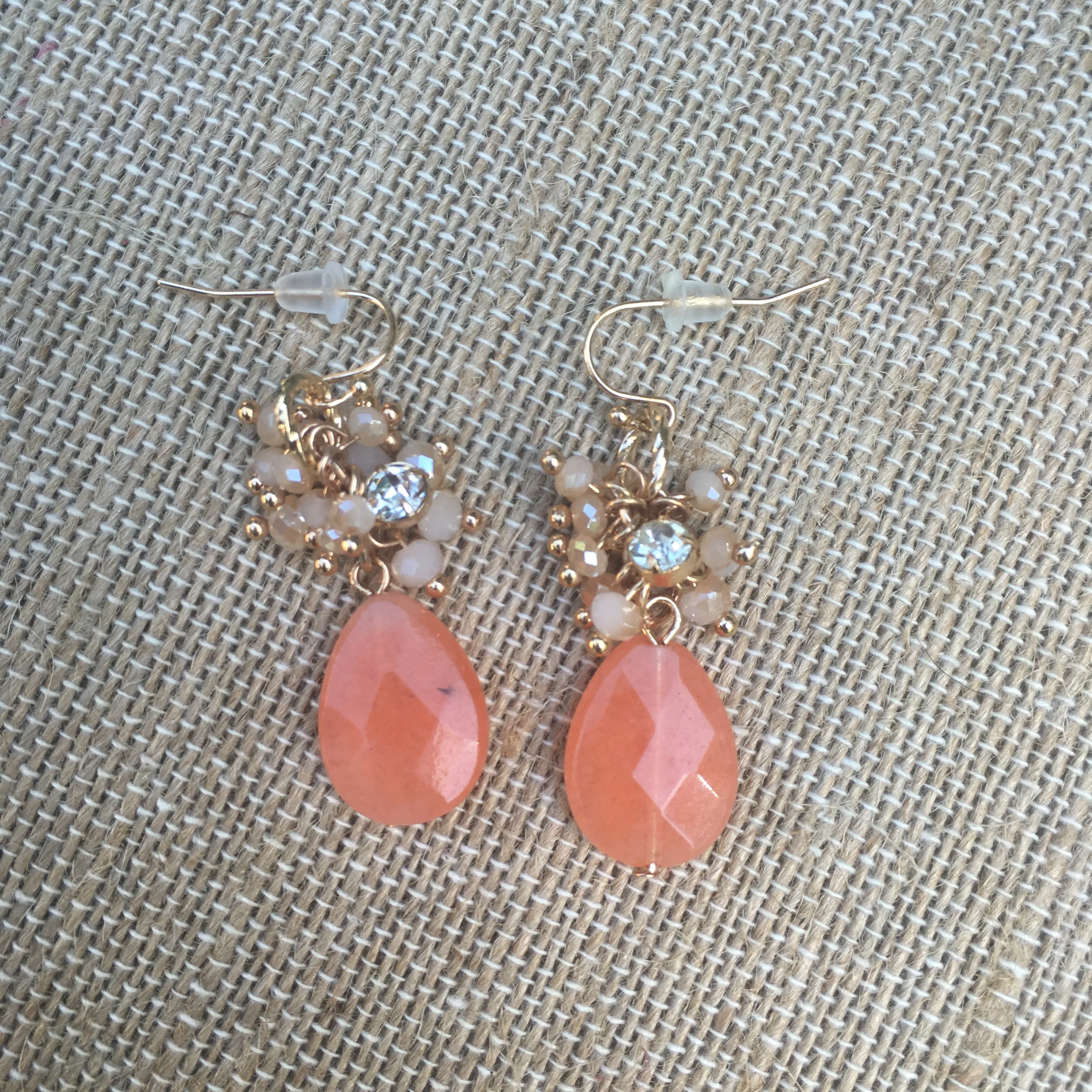 Gold Tone Beaded Teardrop Earrings- Peach
