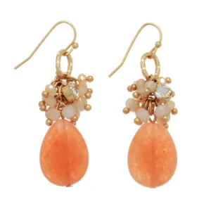 Gold Tone Beaded Teardrop Earrings- Peach