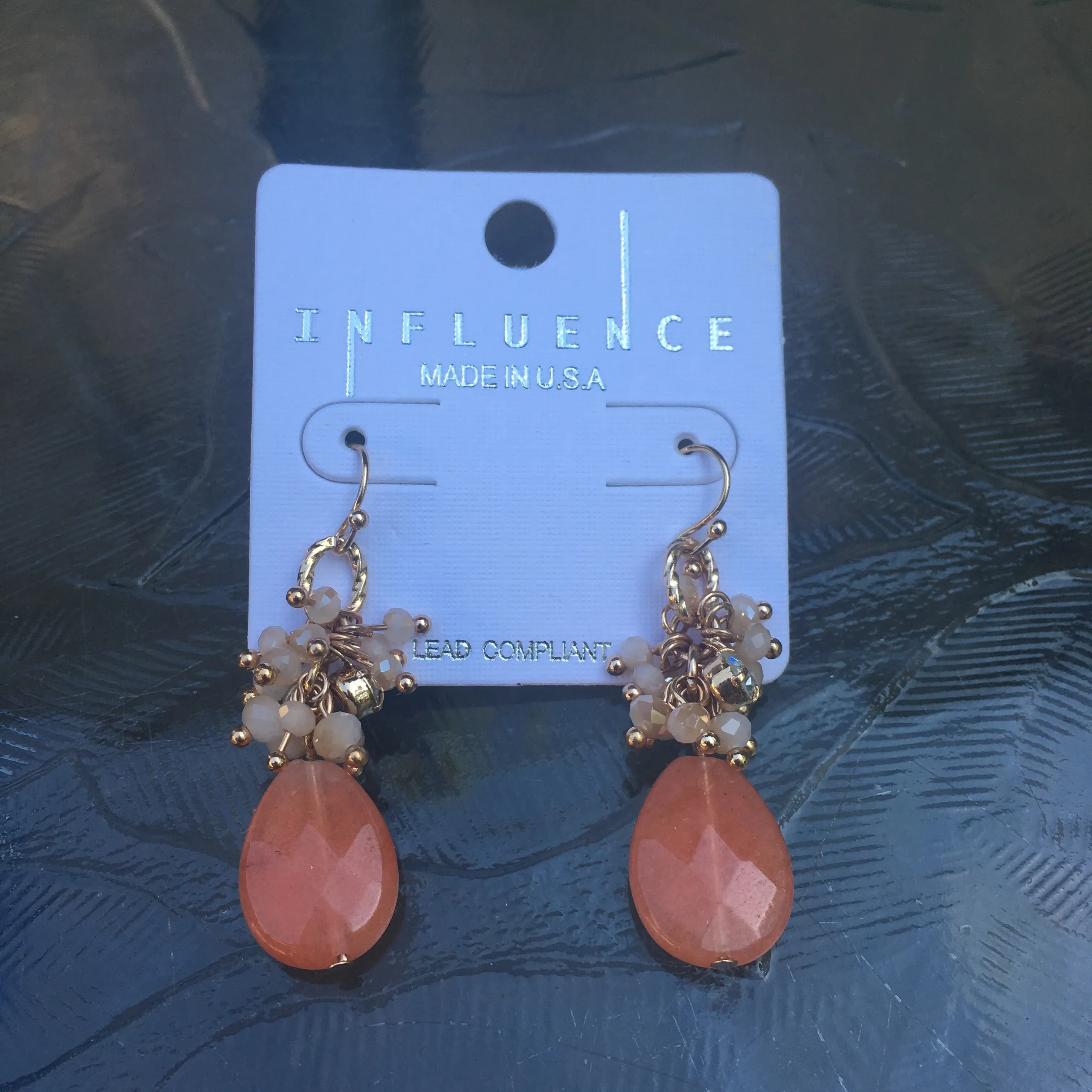 Gold Tone Beaded Teardrop Earrings- Peach