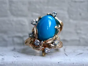 Gorgeous Antique 14K Yellow Gold Diamond and Turquoise Ring.