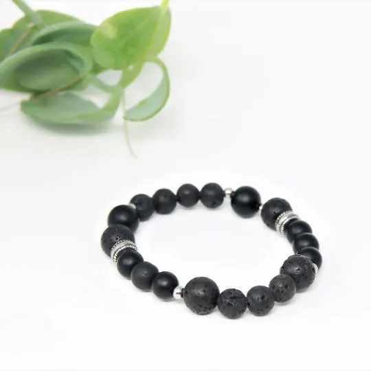 Gravité - bracelet élastique pour hommes en pierres naturelles : onyx mat et pierre de lave