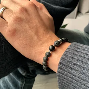 Gravité - bracelet élastique pour hommes en pierres naturelles : onyx mat et pierre de lave