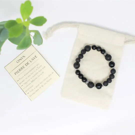 Gravité - bracelet élastique pour hommes en pierres naturelles : onyx mat et pierre de lave
