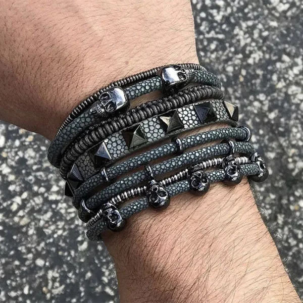 Gray Double Skull Stingray Leather with Black PVD
