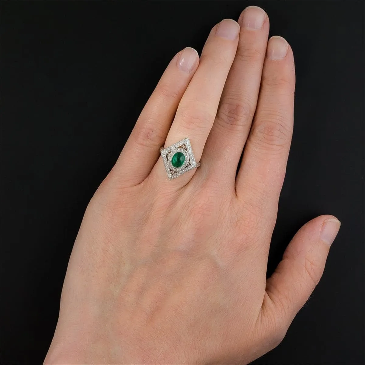 Green Crystal & Cubic Zirconia Silver-Plated Vintage-Inspired Rhombus Ring