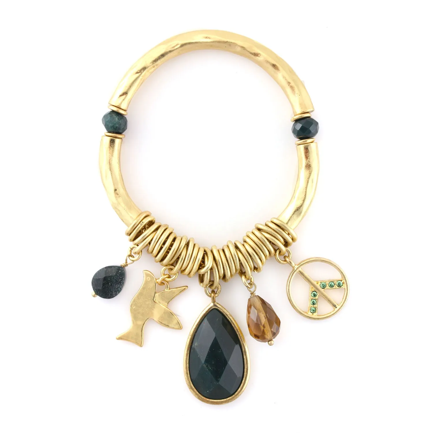 GREEN NATURAL STONE MULTI CHARMS STRETCH BRACELETS #191GN2201 (2D6)
