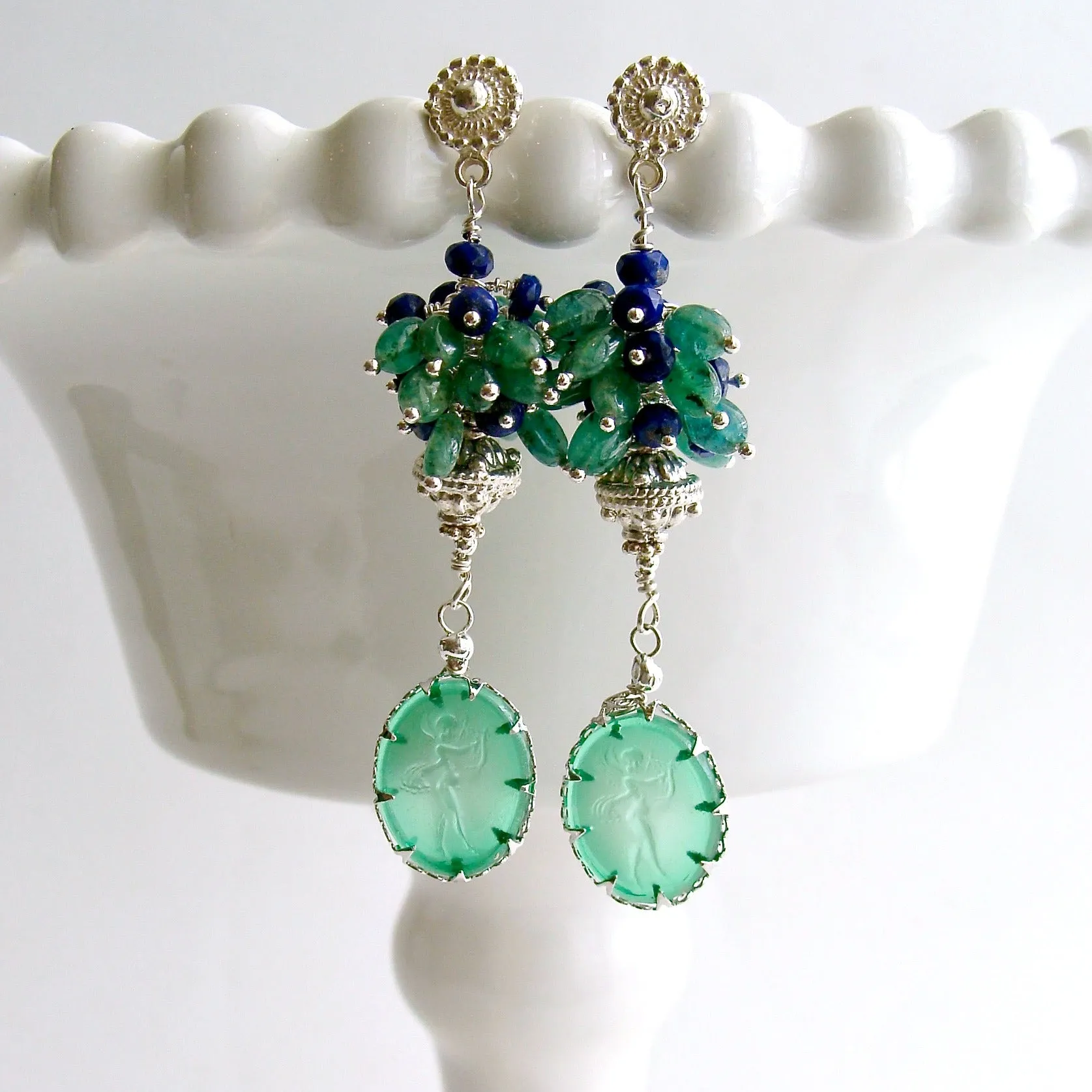 Green Venetian Glass Intaglios With Emerald Lapis Clusters - Ravello Earrings