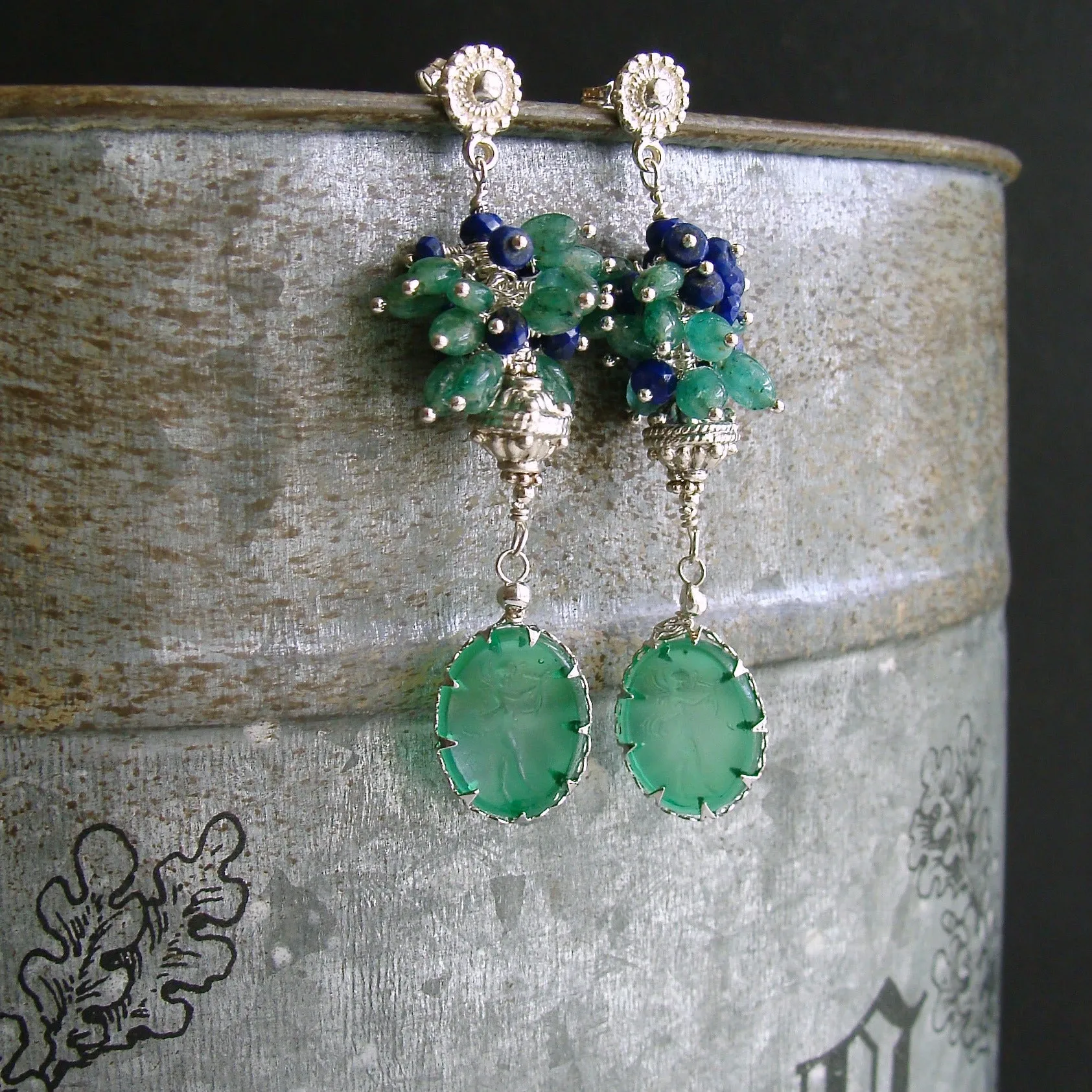 Green Venetian Glass Intaglios With Emerald Lapis Clusters - Ravello Earrings