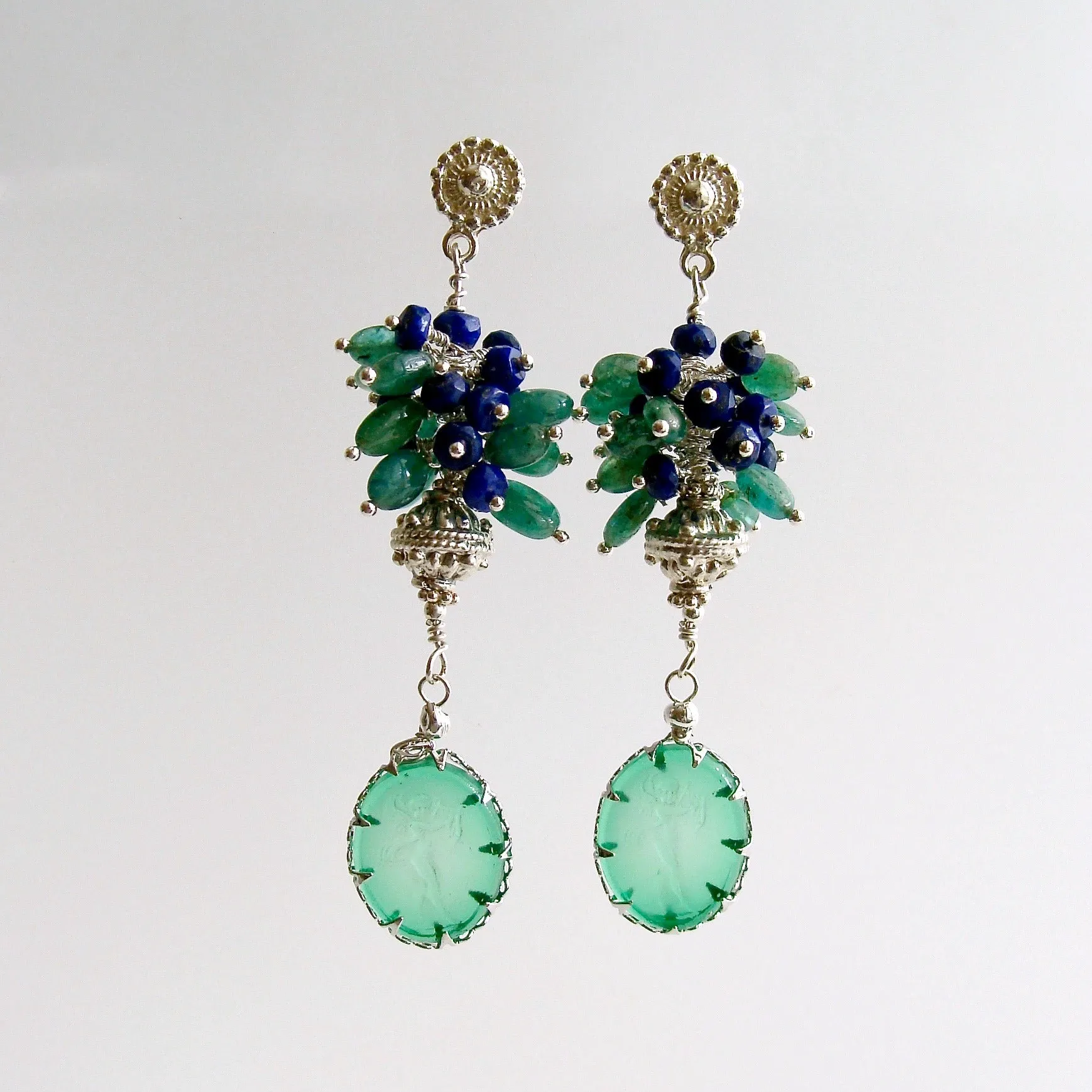 Green Venetian Glass Intaglios With Emerald Lapis Clusters - Ravello Earrings