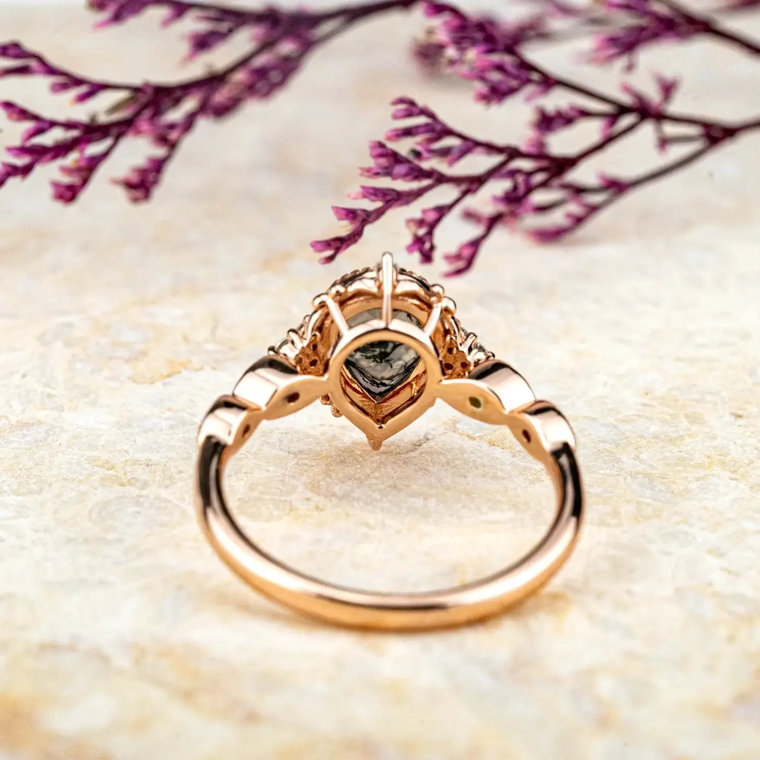 Handcrafted Pear Cut Moss Agate Engagement Rings – Vintage Bezel Set Ring