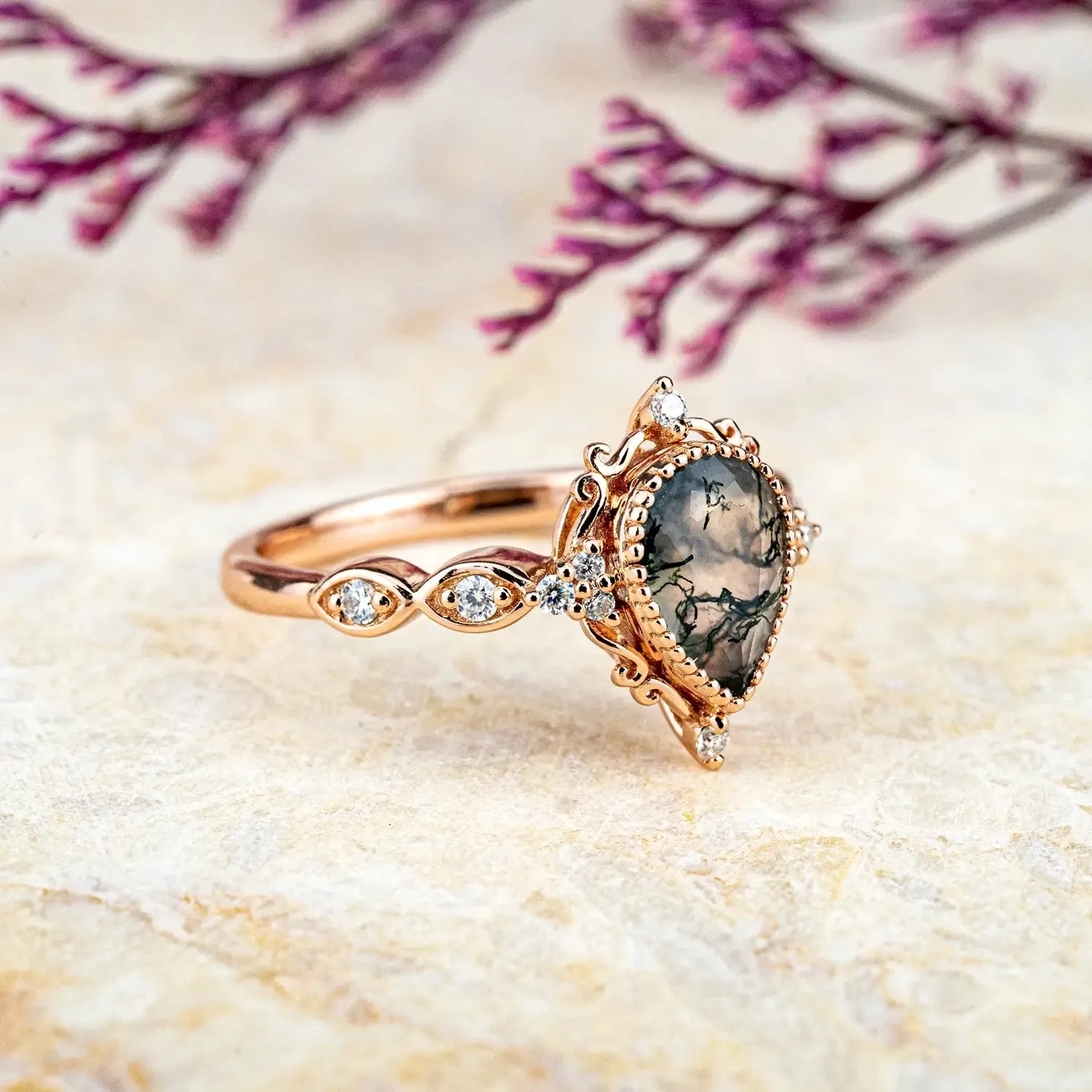 Handcrafted Pear Cut Moss Agate Engagement Rings – Vintage Bezel Set Ring
