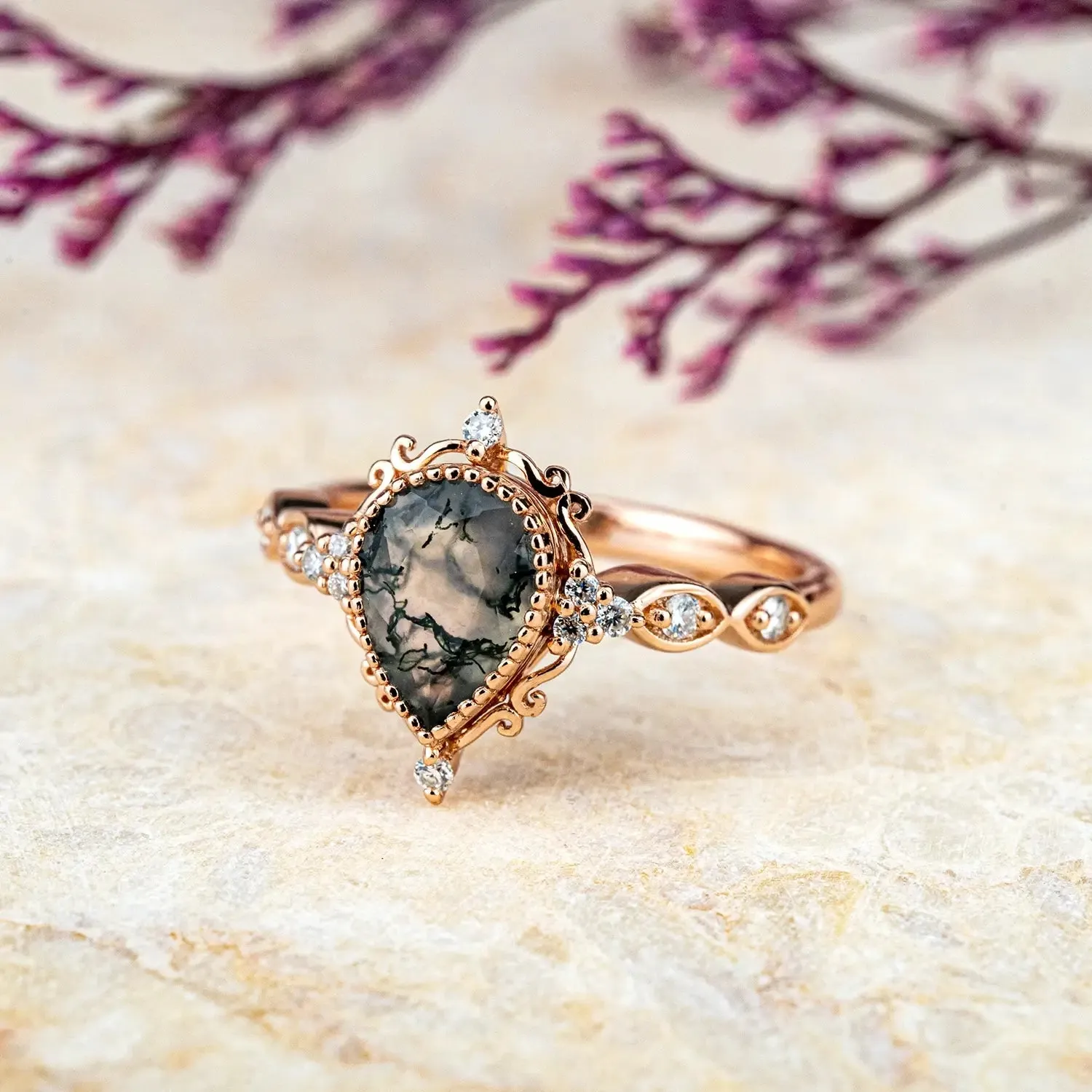 Handcrafted Pear Cut Moss Agate Engagement Rings – Vintage Bezel Set Ring
