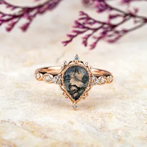 Handcrafted Pear Cut Moss Agate Engagement Rings – Vintage Bezel Set Ring