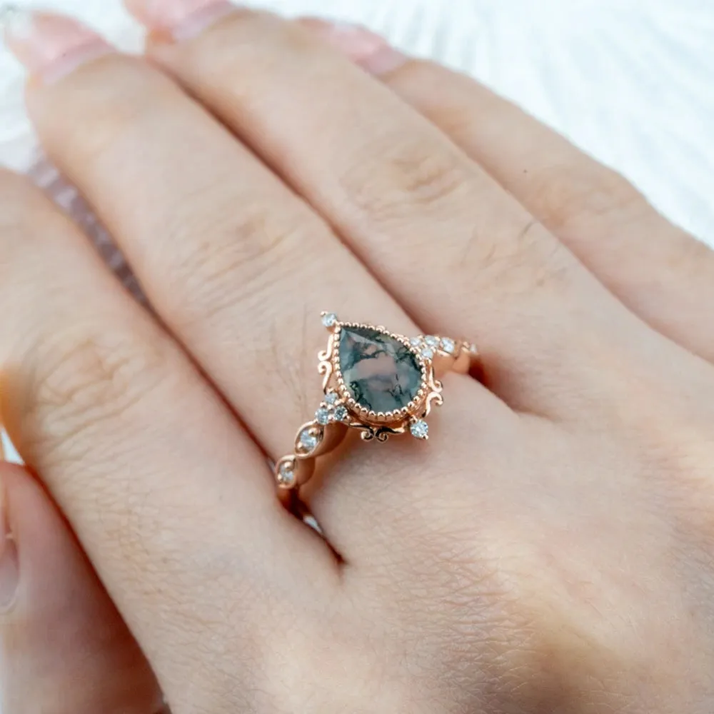 Handcrafted Pear Cut Moss Agate Engagement Rings – Vintage Bezel Set Ring